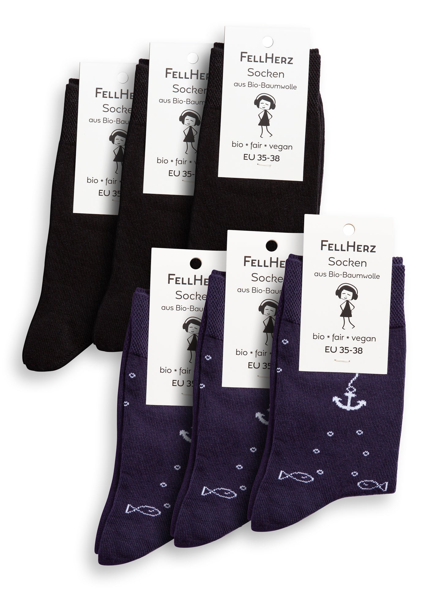 6er Pack Socken mit Bio-Baumwolle Mix Anker midnight und schwarz