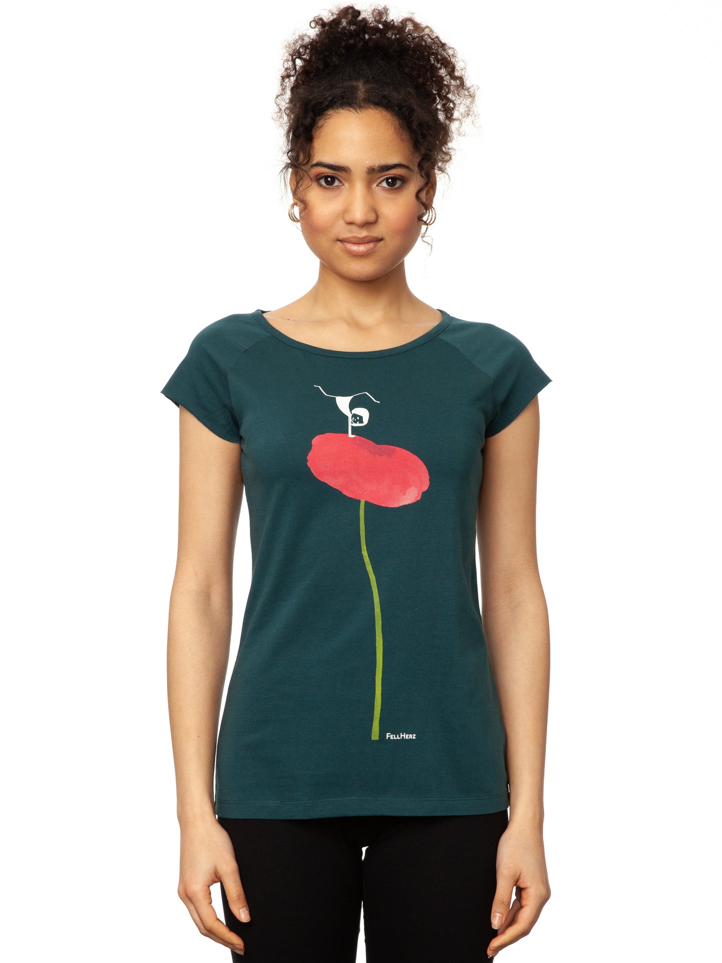 Damen Cap‑Sleeve T‑Shirt ‘Balance Girl’ in tiefem Deep Teal, aus 100 % weicher Bio‑Baumwolle (GOTS‑zertifiziert), mit modernem, leicht tailliertem Schnitt, weitem Rundhalsausschnitt und Print einer pinken Mohnblume, auf der ein kleines Mädchen einen Handstand macht – nachhaltig, fair produziert, ideal für Yoga, Achtsamkeit und entspannten Alltag