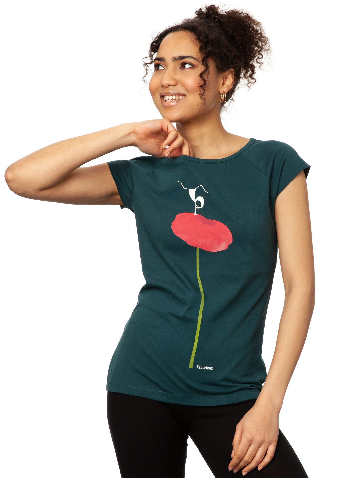Damen Cap‑Sleeve T‑Shirt ‘Balance Girl’ in tiefem Deep Teal, aus 100 % weicher Bio‑Baumwolle (GOTS‑zertifiziert), mit modernem, leicht tailliertem Schnitt, weitem Rundhalsausschnitt und Print einer pinken Mohnblume, auf der ein kleines Mädchen einen Handstand macht – nachhaltig, fair produziert, ideal für Yoga, Achtsamkeit und entspannten Alltag