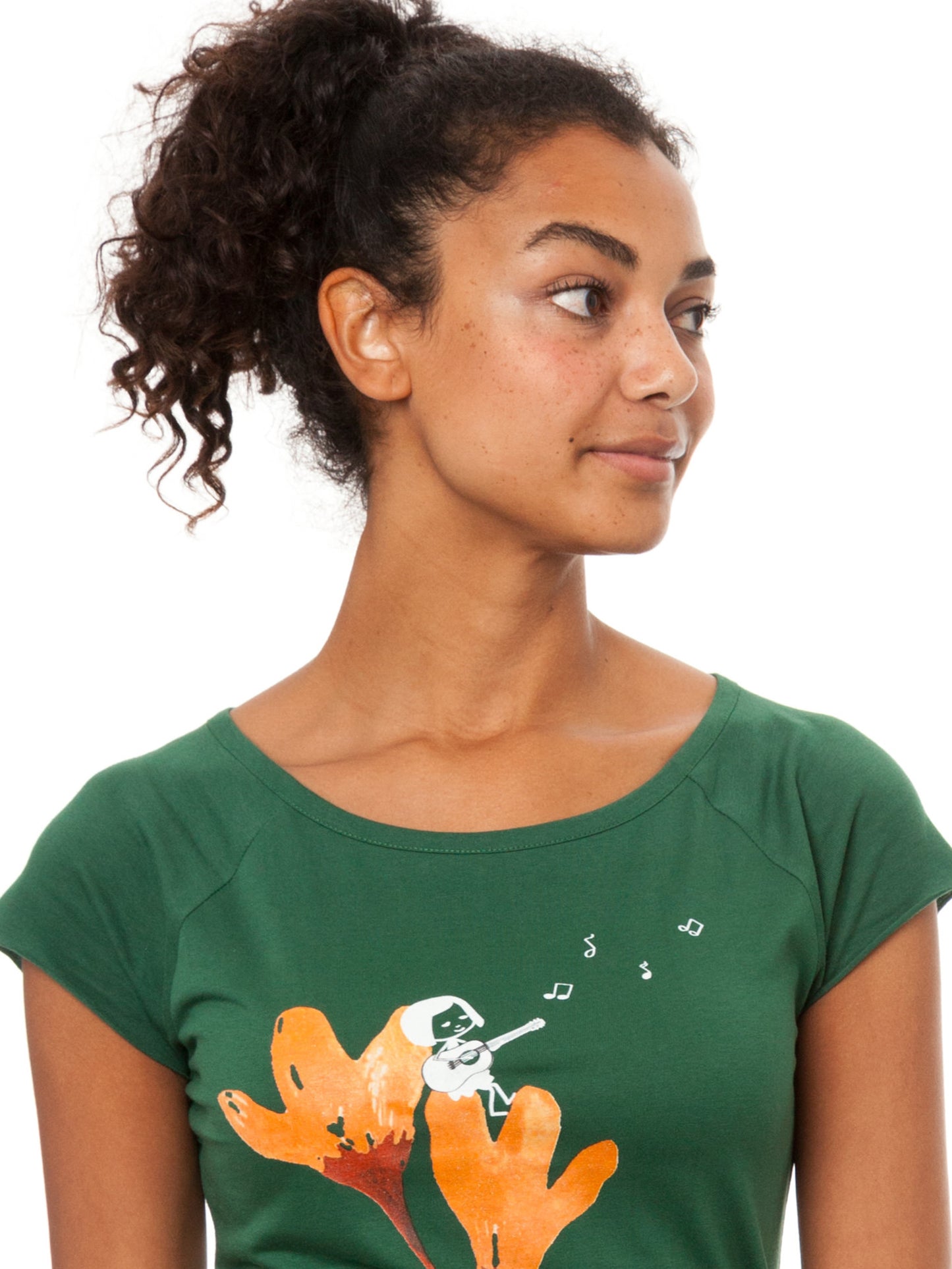 Guitar girl cap sleeve scarab green