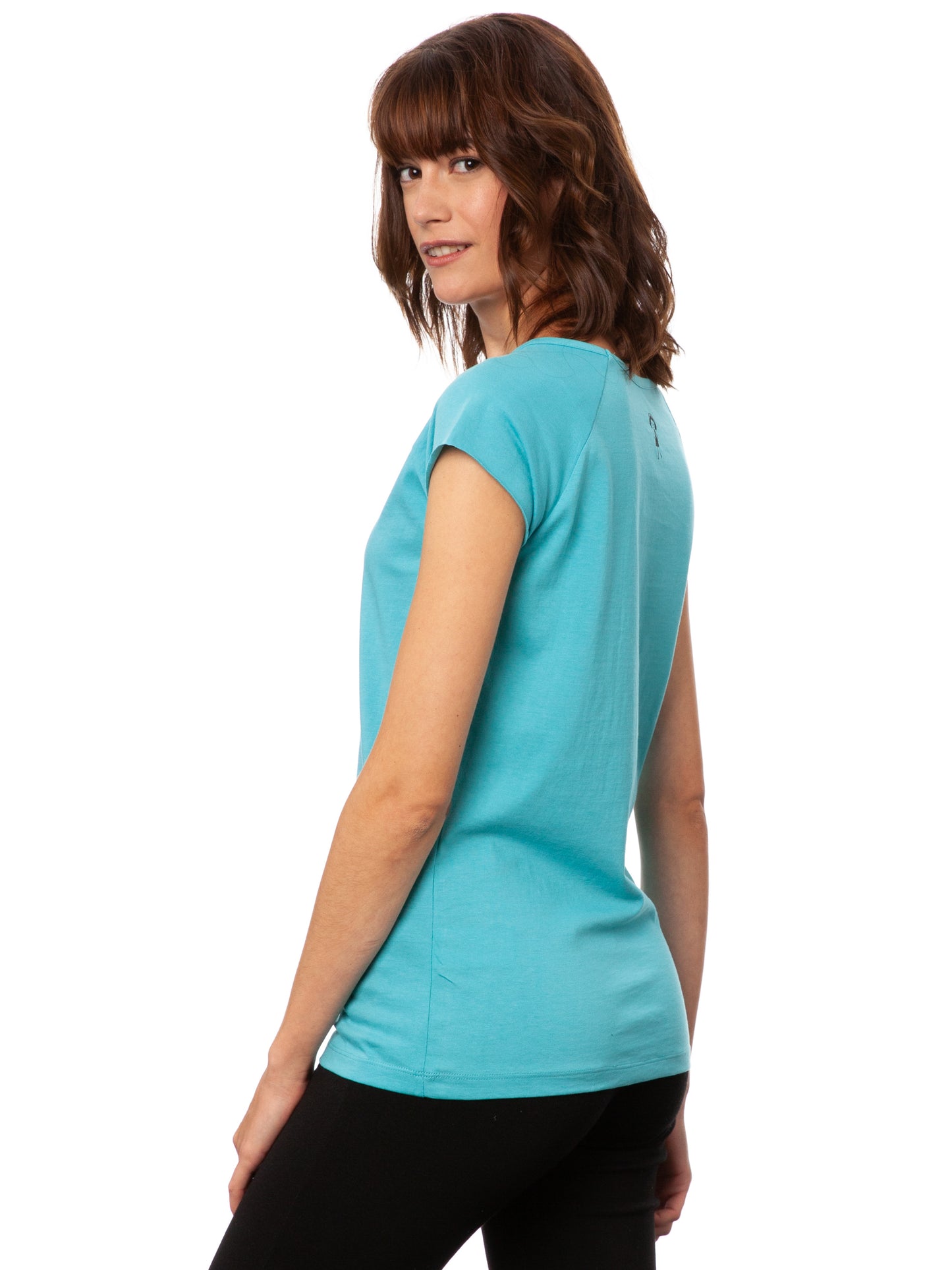Damen Cap‑Sleeve T‑Shirt ‘Yogamädchen’ in zartem Neptun‑Mint, aus 100 % GOTS‑zertifizierter Bio‑Baumwolle mit leicht tailliertem Schnitt, kurzen überschnittenen Ärmeln und feinem Print der Yogamädchen‑Illustration in Wasserfarbe, ein kleines Mädchen, das in Yogapose auf einem grünen Bambuszweig steht – nachhaltig, fair gefertigt, perfekt für Yoga oder Alltag