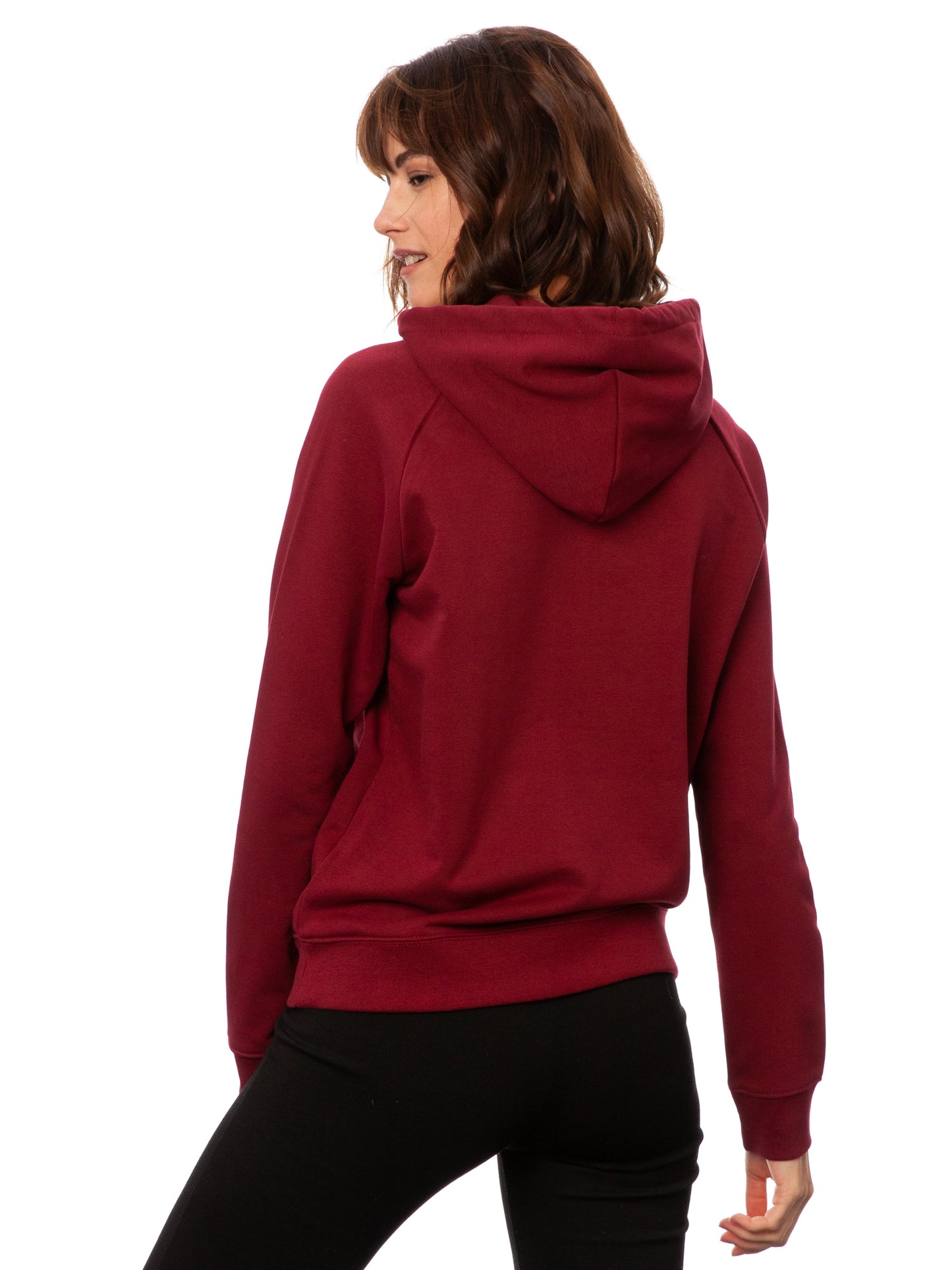 Dunkelroter damen kapuzen-pullover mit Bio-Baumwolle, nachhaltig, fair und vegan produziert. Raglan-Schnitt mit Grafik-Print auf der Vorderseite über der känguru-tasche: Ein Mädchen steht auf einer orangen Blume und es fliegen Vögel davon.