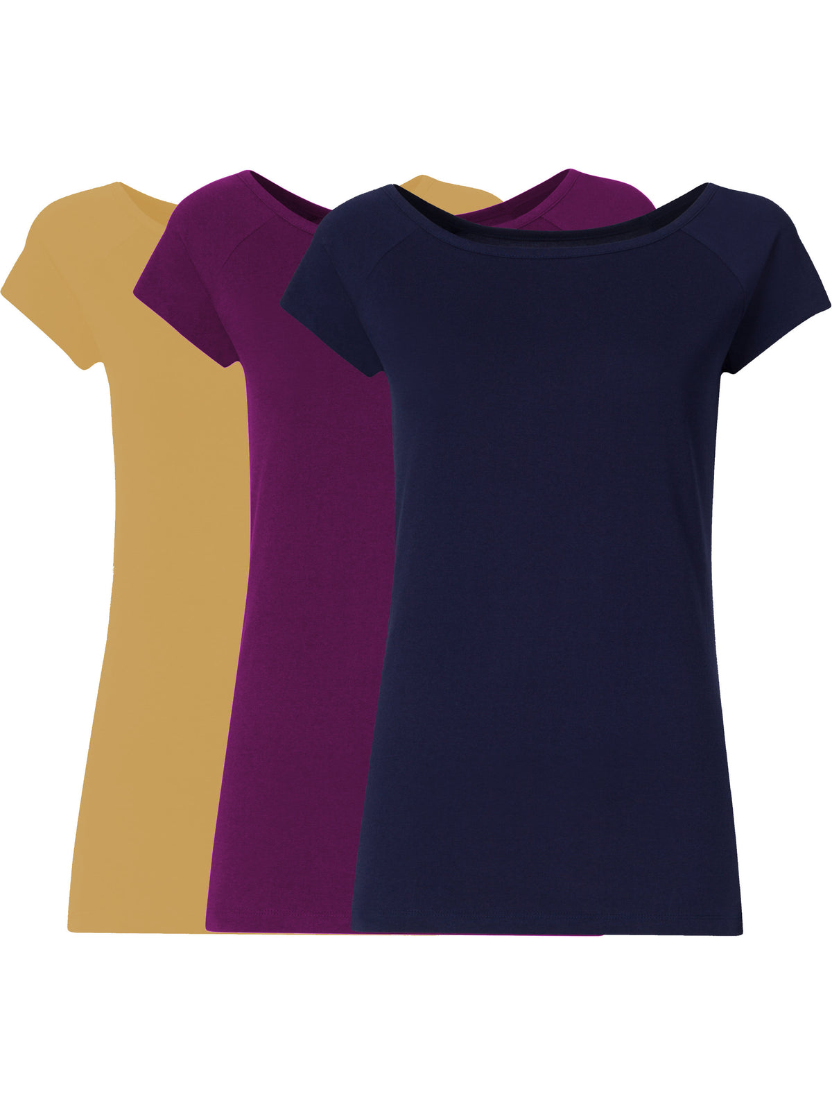 3er Mix-Bundle: drei Damen Cap Sleeve T-Shirts aus 100% Bio-Baumwolle in Clay, Berry und Midnight
