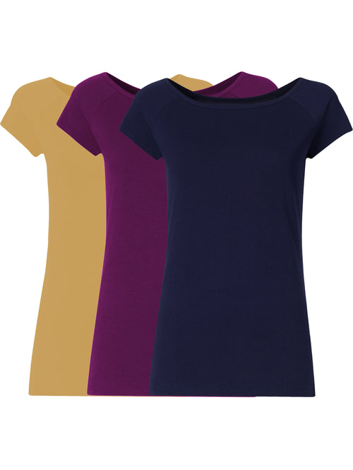 3er Mix-Bundle: drei Damen Cap Sleeve T-Shirts aus 100% Bio-Baumwolle in Clay, Berry und Midnight
