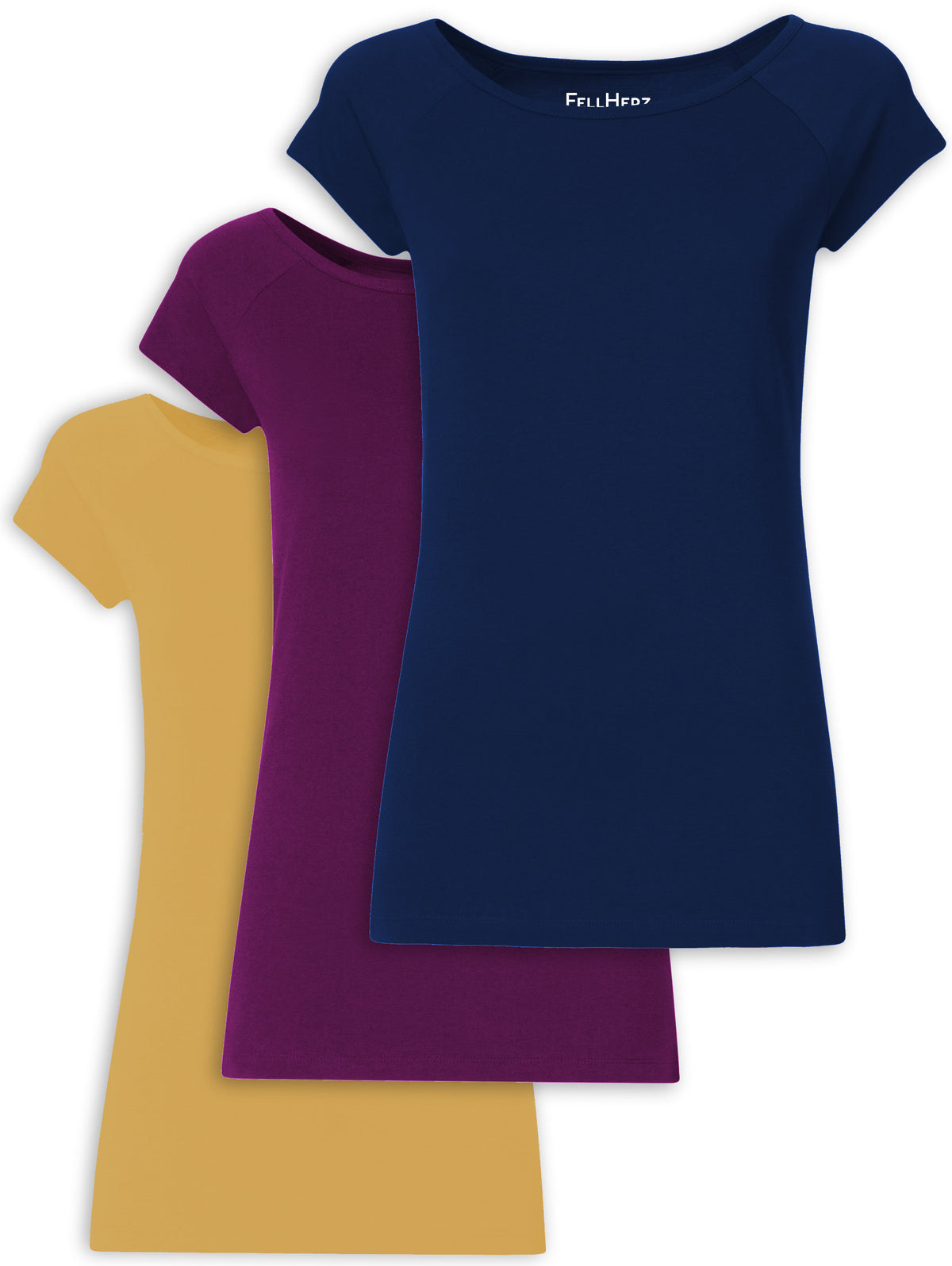 FellHerz 3er Mix Bundle – drei Damen Cap Sleeve T-Shirts aus Bio-Baumwolle in Midnight, Berry und Clay