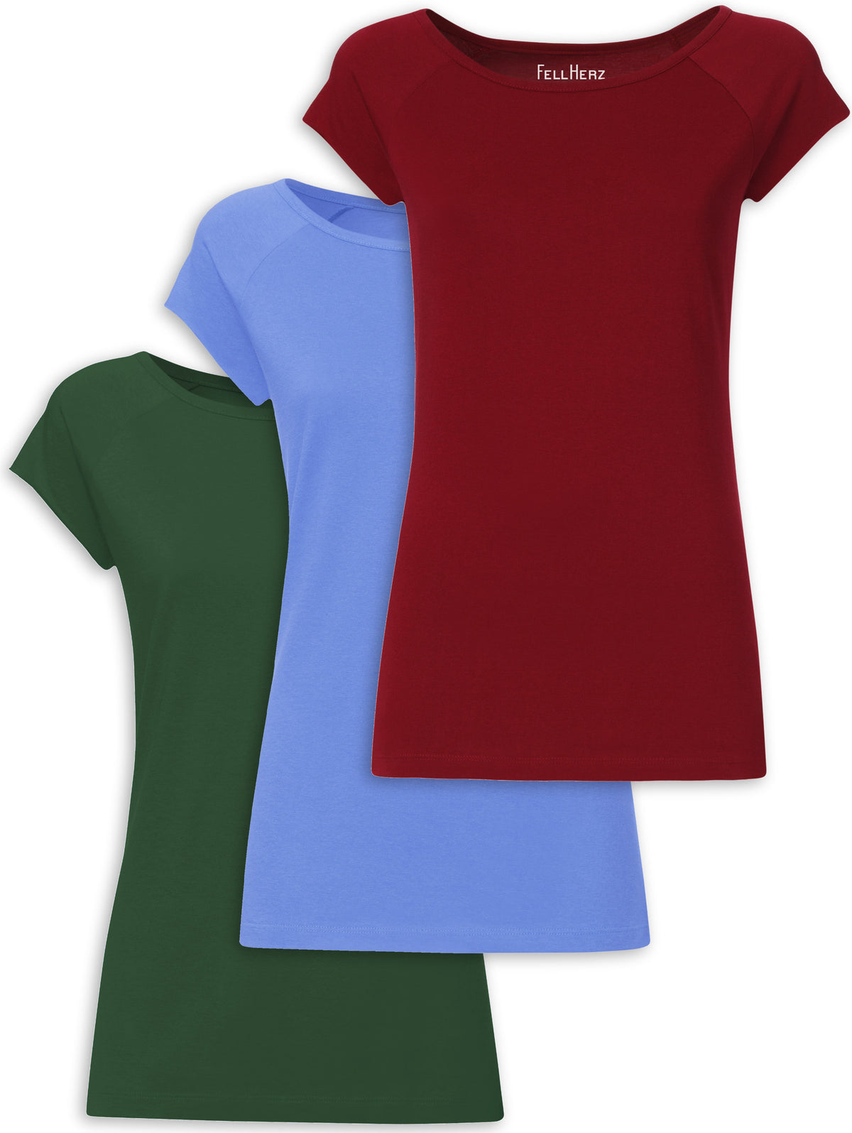FellHerz 3er Mix Bundle – drei Damen Cap Sleeve T-Shirts aus Bio-Baumwolle in Ruby, Cornflower und Scarab Green