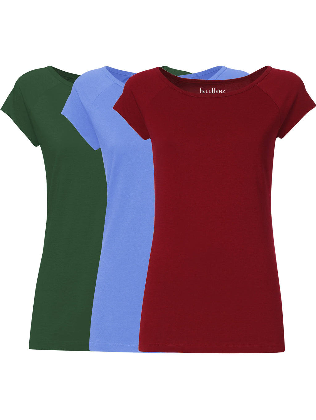 3er Mix-Bundle: drei Damen Cap Sleeve T-Shirts aus 100% Bio-Baumwolle in Scarab Green, Cornflower und Ruby
