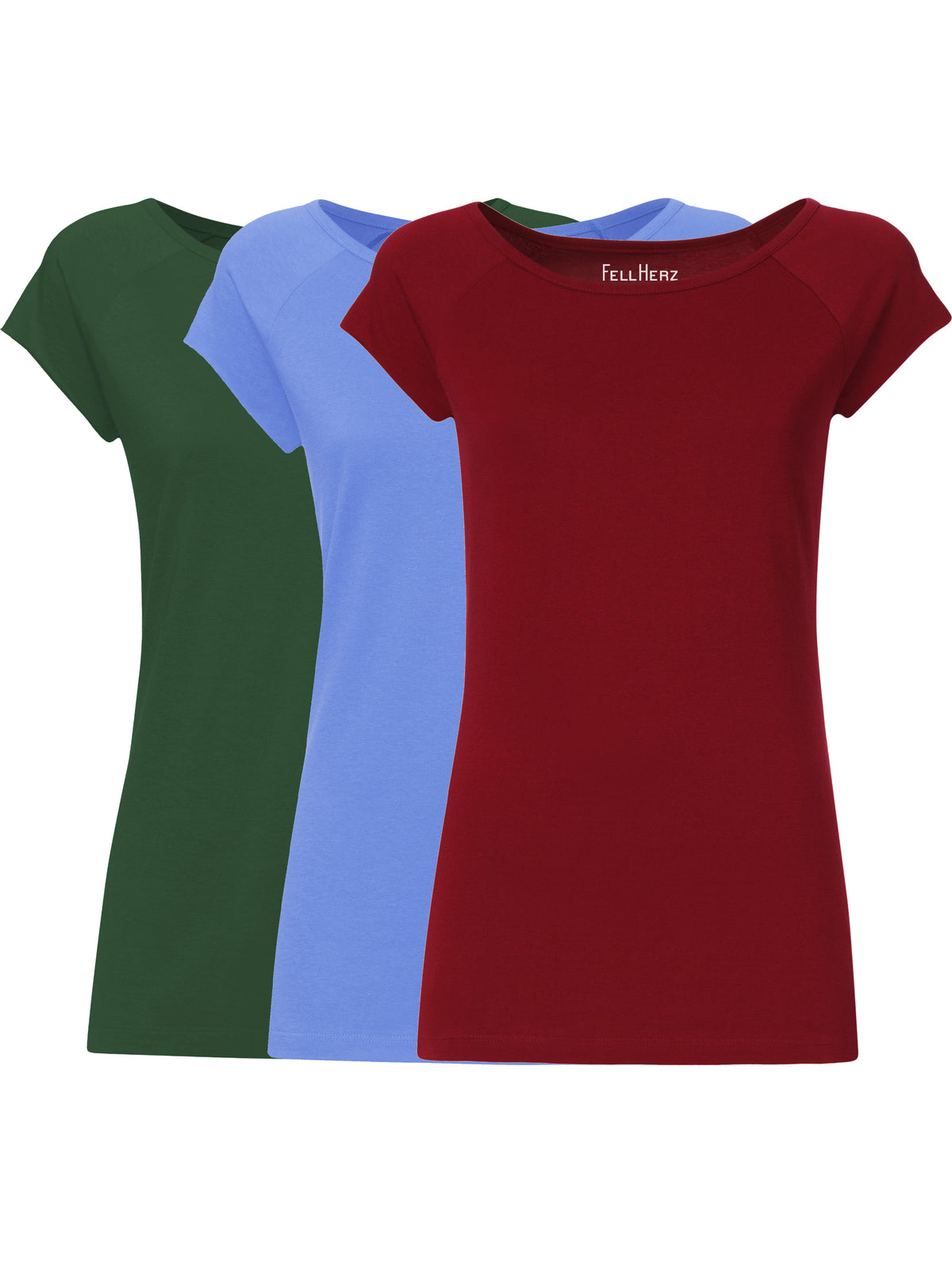3er Mix-Bundle: drei Damen Cap Sleeve T-Shirts aus 100% Bio-Baumwolle in Scarab Green, Cornflower und Ruby