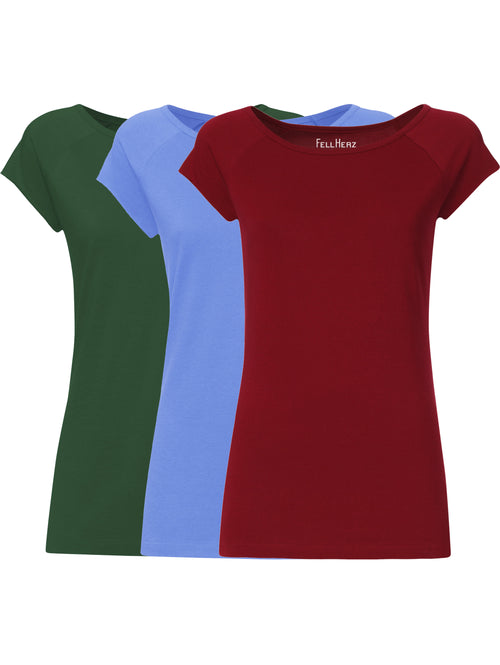 3er Mix-Bundle: drei Damen Cap Sleeve T-Shirts aus 100% Bio-Baumwolle in Scarab Green, Cornflower und Ruby