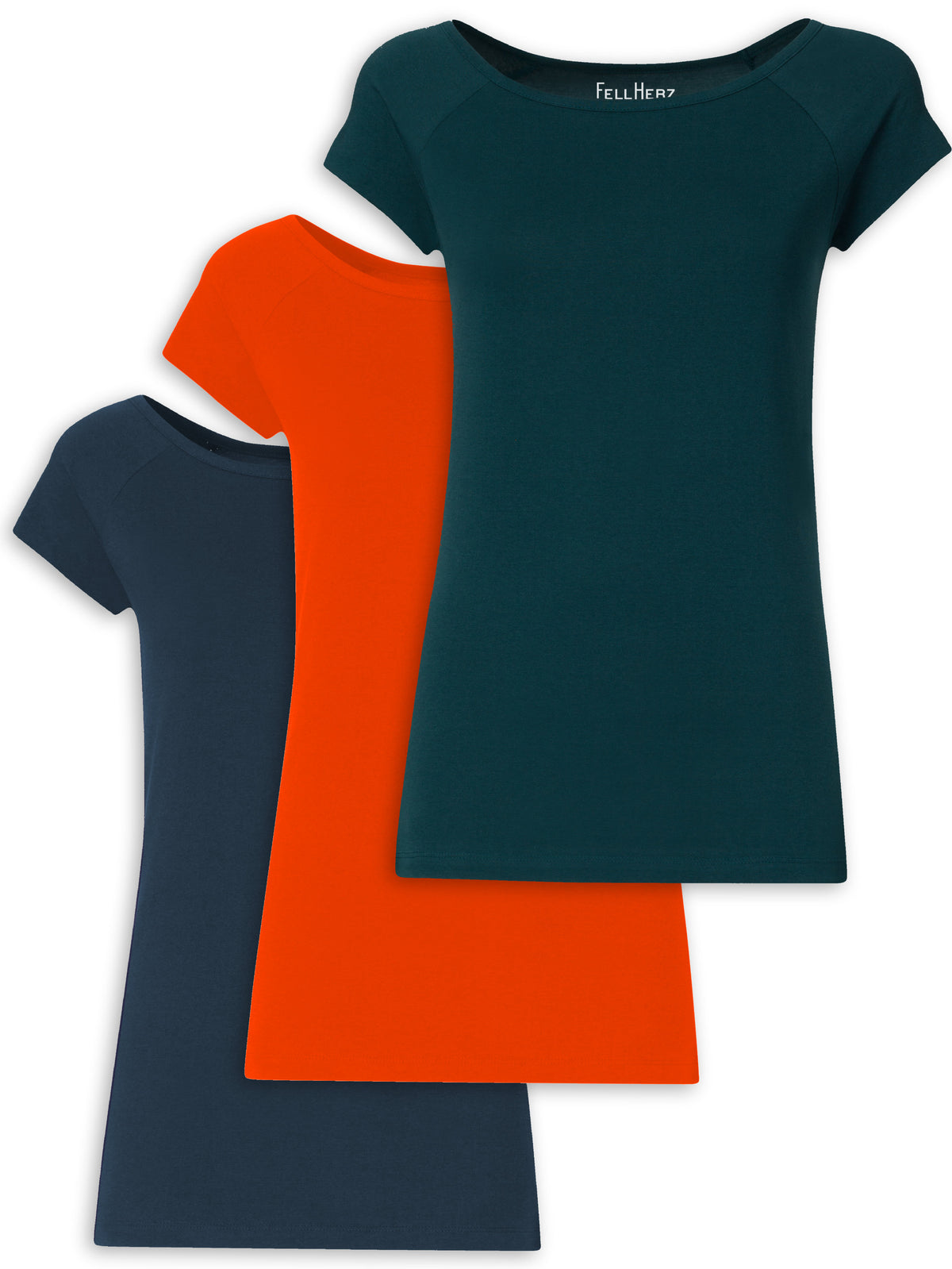 FellHerz 3er Mix Bundle – drei Damen Cap Sleeve T-Shirts aus Bio-Baumwolle in Deep Teal, Koi Orange und Thundercloud