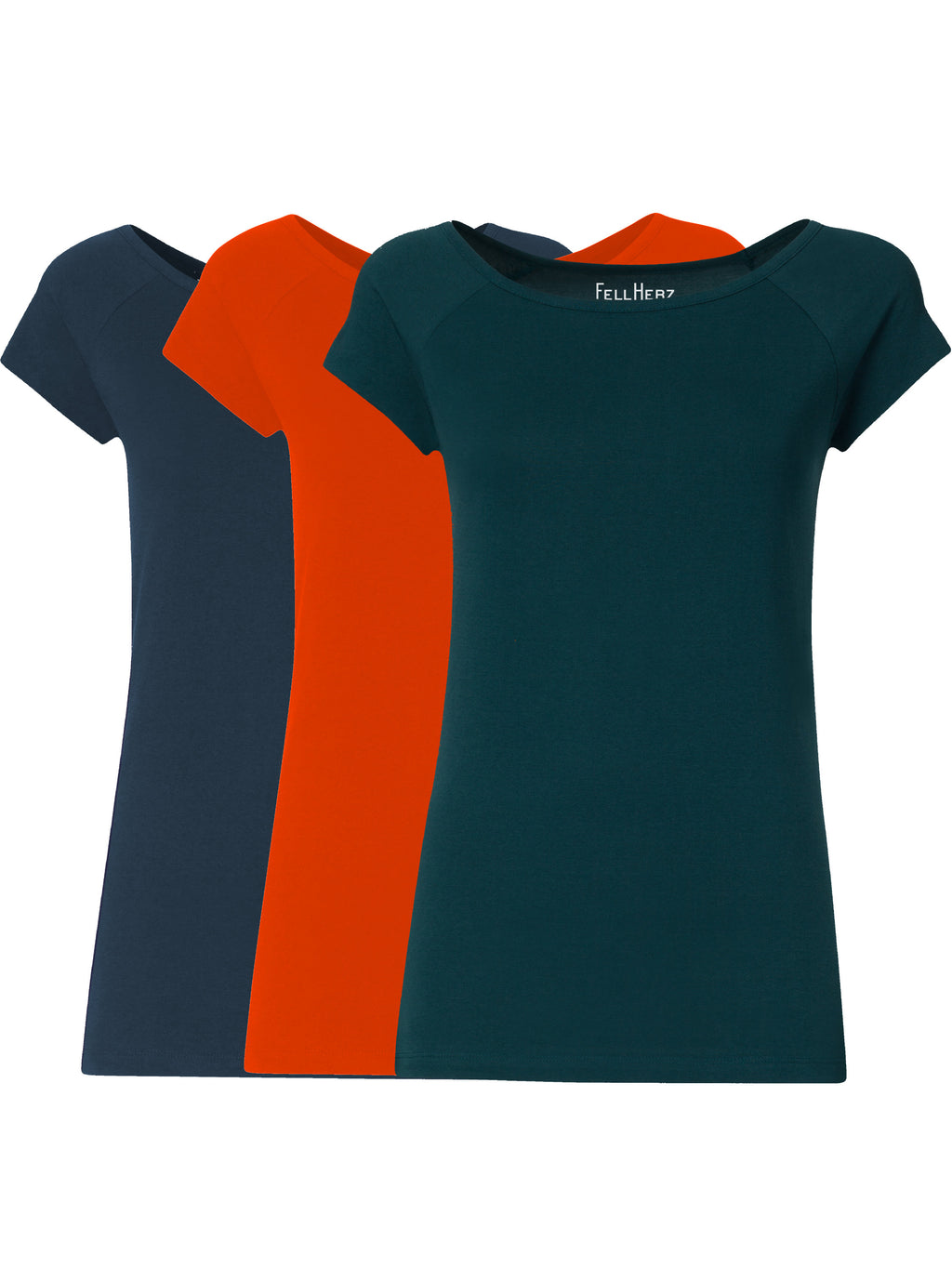 3er Mix-Bundle: drei Damen Cap Sleeve T-Shirts aus 100% Bio-Baumwolle in Thundercloud, Deep Teal und Koi Orange