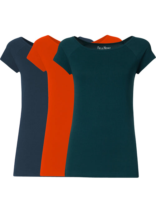 3er Mix-Bundle: drei Damen Cap Sleeve T-Shirts aus 100% Bio-Baumwolle in Thundercloud, Deep Teal und Koi Orange
