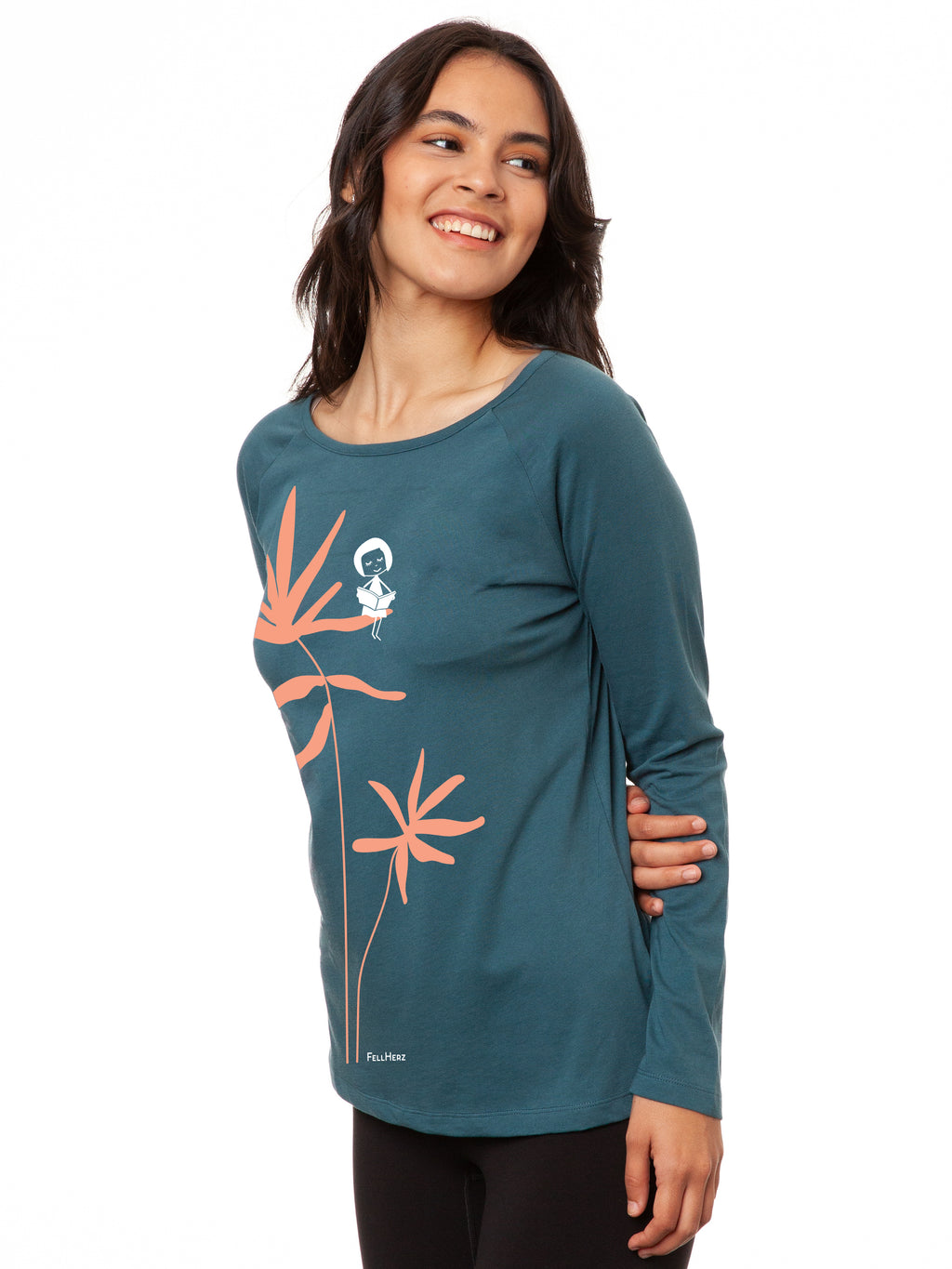 FellHerz Raglan Longsleeve Lesepalme in Atlantic Teal (Petrol), Seitenansicht