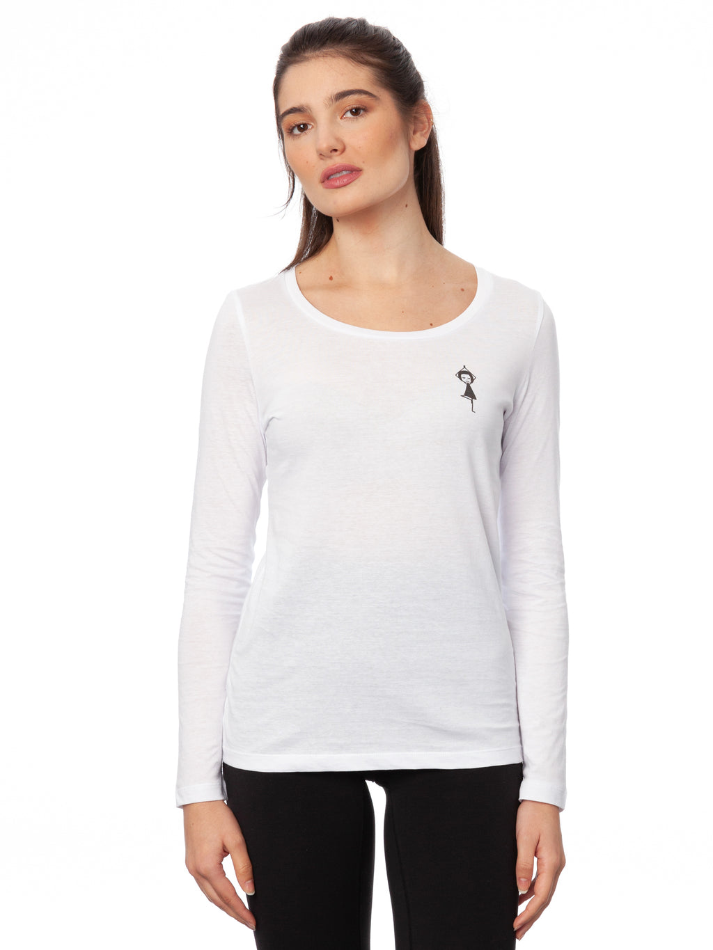 Weißes Damen-Langarmshirt ‘Yogamädchen’ aus 100 % GOTS-zertifizierter Bio-Baumwolle, mit weitem Rundhals-Ausschnitt, leicht tailliertem Schnitt, screenbedrucktem FellHerz-Motiv eines Mädchens in Yogapose auf der Brust – nachhaltig, fair produziert und ideal für Yoga sowie Alltag