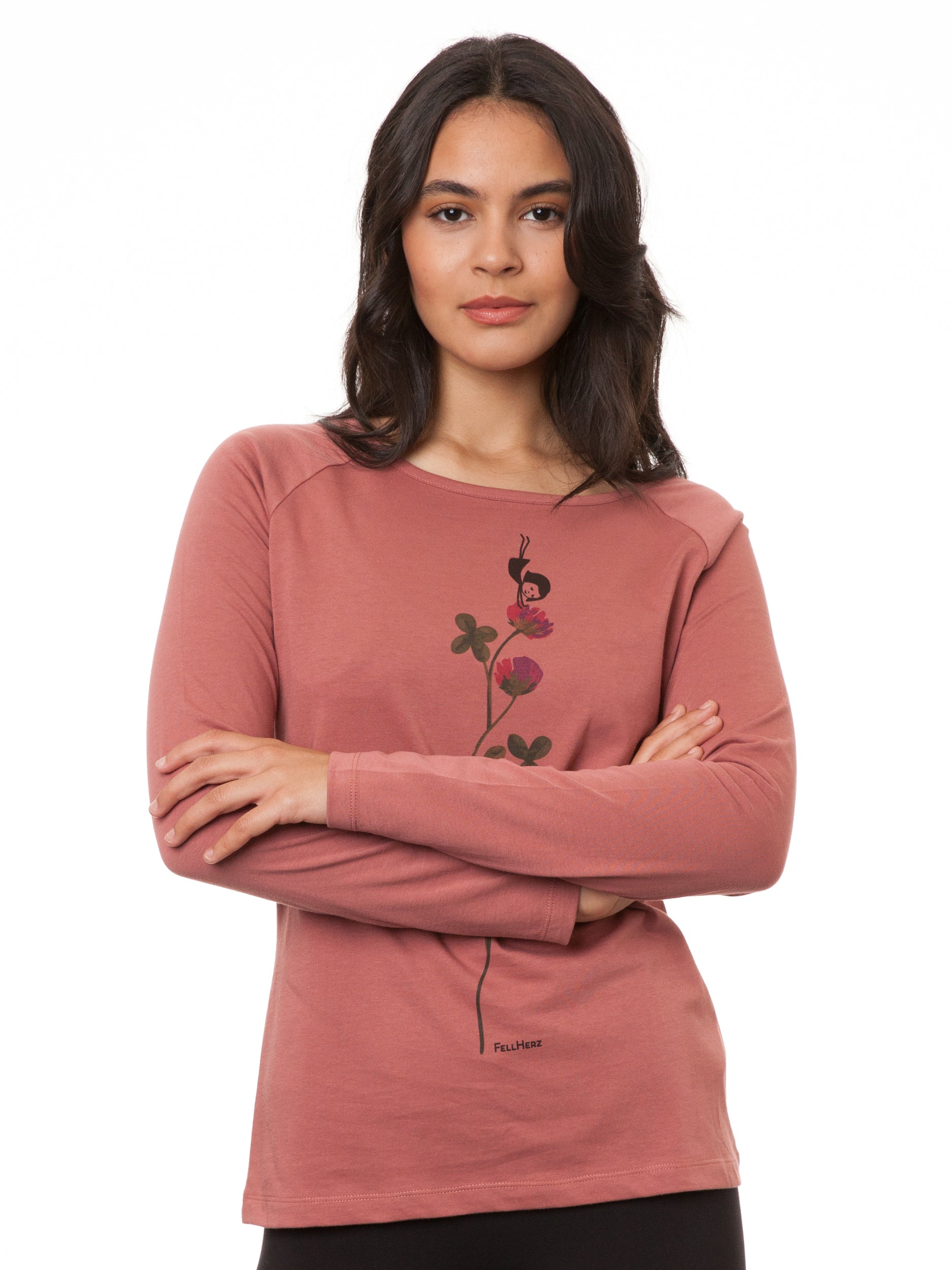 Raglan Longsleeve Glücksklee in Canyan Rose von FellHerz – nachhaltiges Damen Longsleeve aus Bio-Baumwolle mit Glücksklee-Motiv, fair produziert