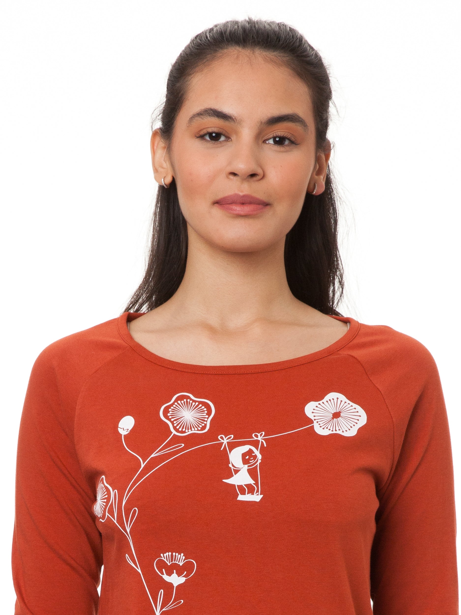 Nachhaltiges Raglan Longsleeve Picante mit Schaukelmädchen-Motiv von FellHerz