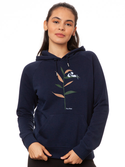 FellHerz Damen Hoodie Book Lover in Navy aus 85% Bio-Baumwolle und 15% recyceltem Polyester, fair und vegan produziert – Raglan-Schnitt mit Kängurutasche und Digitaldruck: Mädchen liest Buch