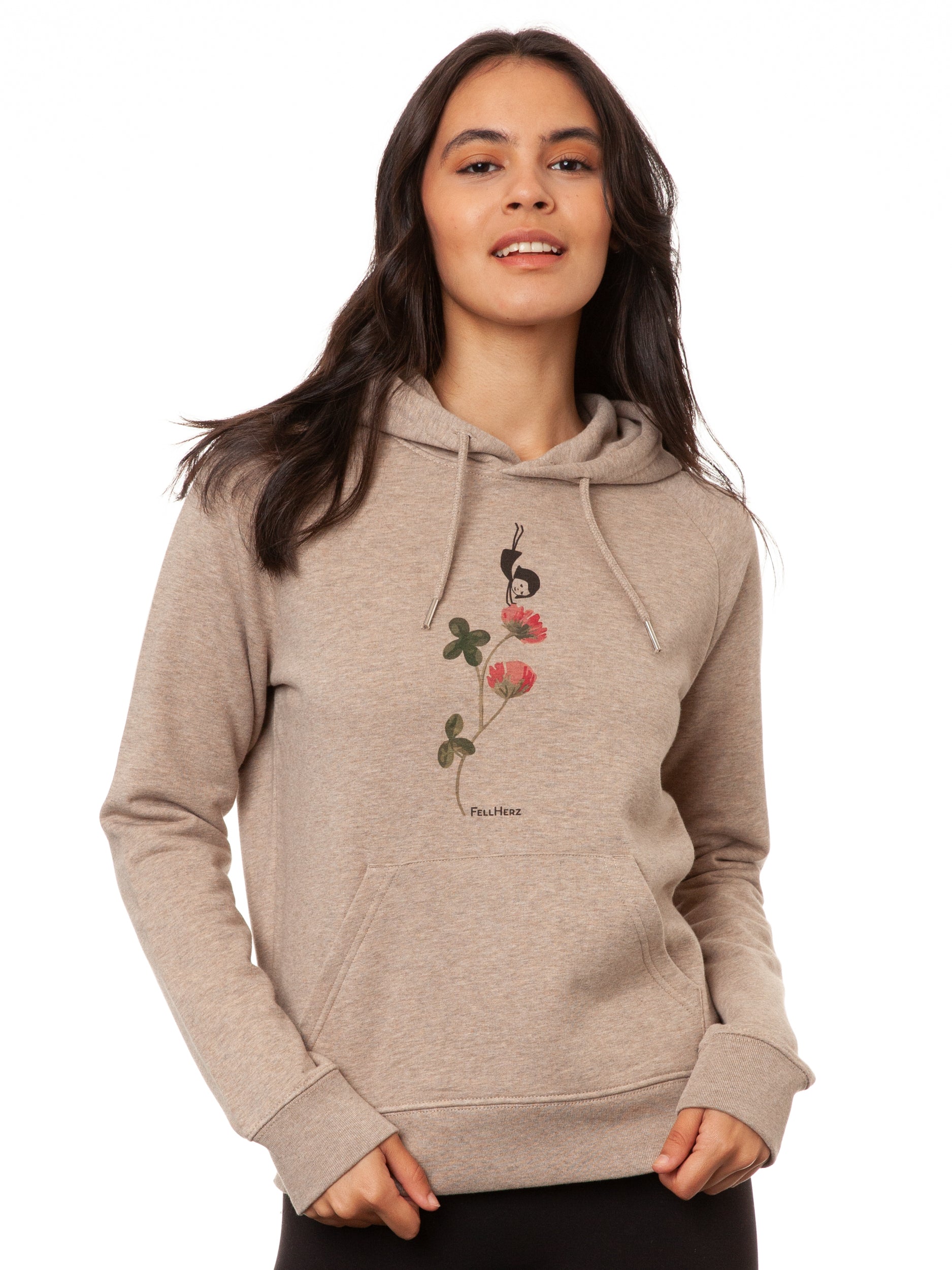 Hoodie Glücksklee aus Bio-Baumwolle Heather Sand, Frontansicht