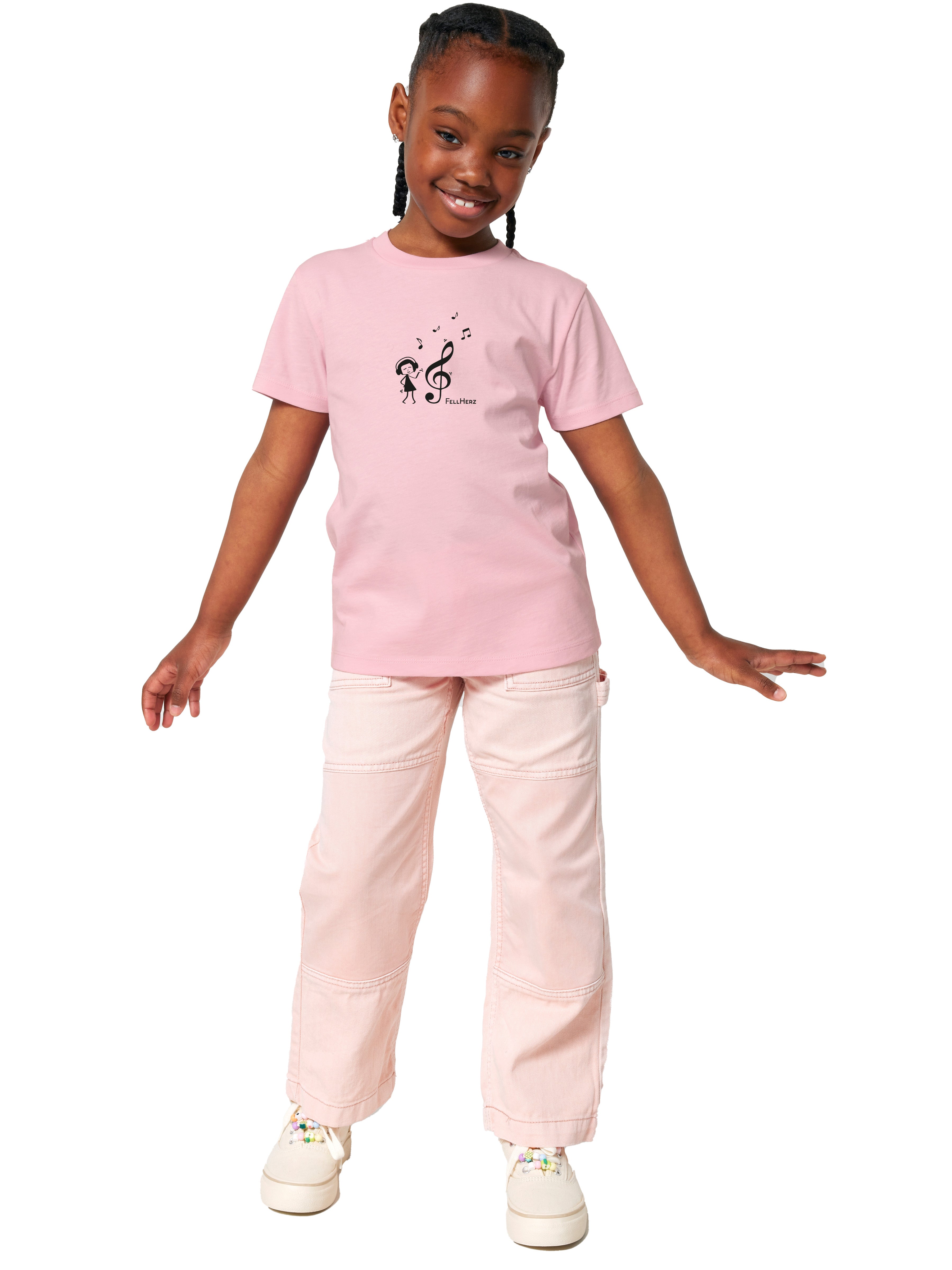 Kind trägt das FellHerz Music Lover T-Shirt in Rosa, Bio-Baumwolle, fair und vegan produziert
