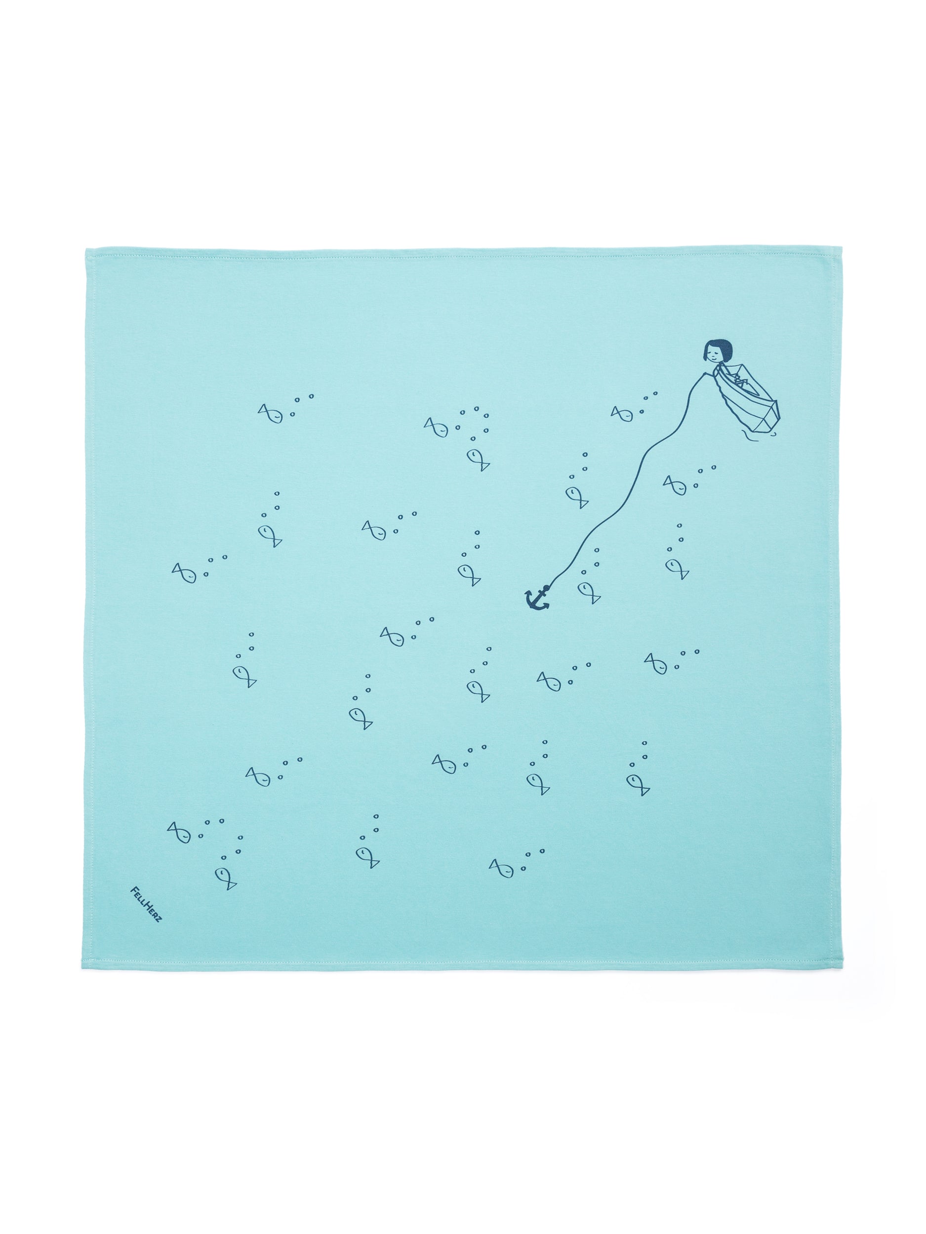 Quadratisches Furoshiki‑Tuch ’Ankermädl’ in zartem Neptun‑Mint, 60 × 60 cm, aus 100 % Bio‑Baumwolle (Upcycling­-Reststoffe), mit handgezeichneter FellHerz‑Illustration in wasserbasierter Farbe – nachhaltige, faire Geschenk‑Verpackung & vielseitiges Alltagsaccessoire.