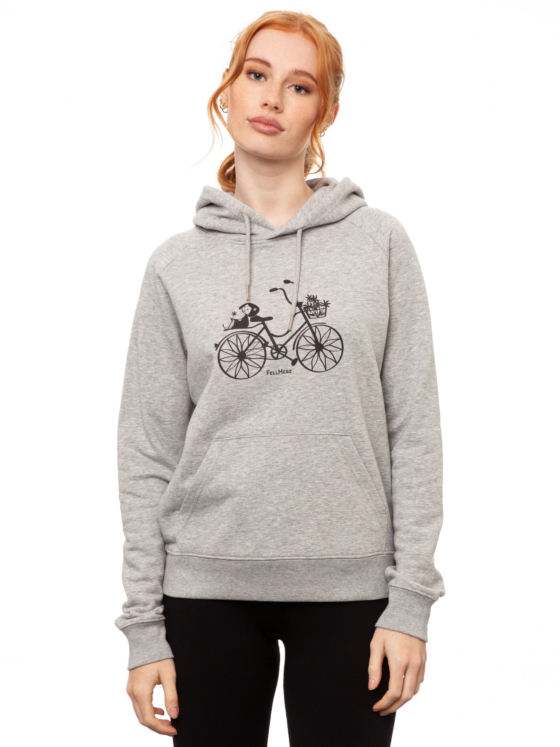 Damen Kapuzen-Pullover in hell grau meliert aus Biobaumwolle, Fair & Vegan hergestellt. Stilvoller Frauen Hoodie mit Känguru-Tasche und nachhaltigem Druck ohne Schadstoffe – Fair Fashion von FellHerz. Der Siebdruck Grafik Print auf der Vorderseite zeigt ein kleines Mädchen mit Blumen auf einem Fahrrad.