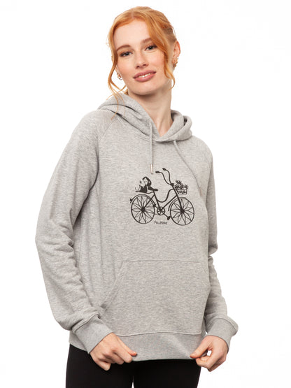 Damen Kapuzen-Pullover in hell grau meliert aus Biobaumwolle, Fair & Vegan hergestellt. Stilvoller Frauen Hoodie mit Känguru-Tasche und nachhaltigem Druck ohne Schadstoffe – Fair Fashion von FellHerz. Der Siebdruck Grafik Print auf der Vorderseite zeigt ein kleines Mädchen mit Blumen auf einem Fahrrad.