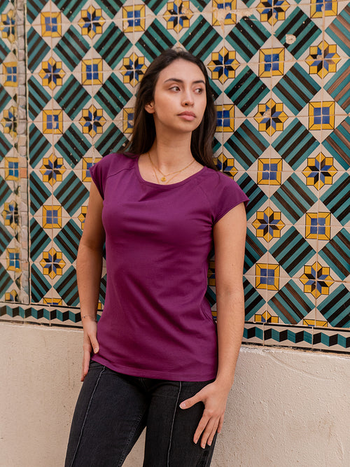 FellHerz Damen Cap Sleeve T-Shirt (Raglan-Ärmel) in Berry (Lila) aus 100% Bio-Baumwolle (Biobaumwolljersey), fair und vegan produziert