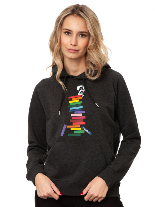 Damen Hoodie Books Girl in Dark Heather Grey – Mädchen liest unter Regenbogen, fair und vegan produziert – weitere Ansicht