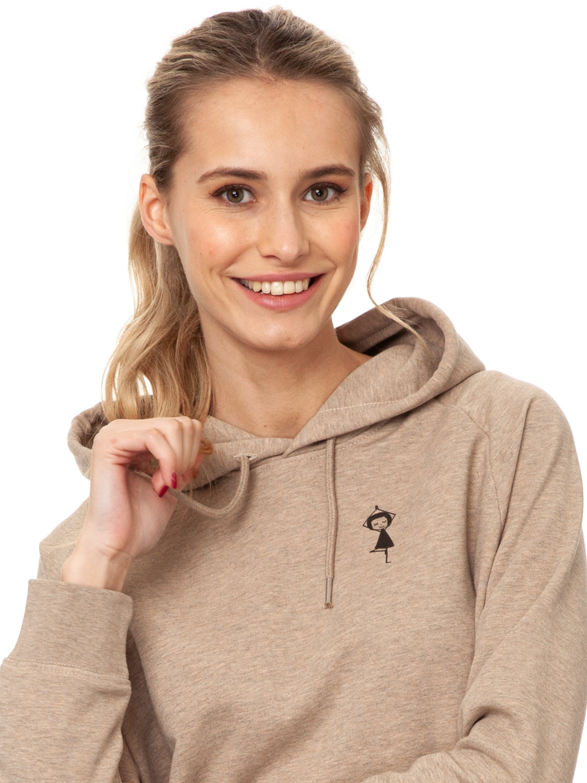 Damen‑Hoodie ‚Yogamädchen‘ in heather sand, aus 85 % GOTS‑zertifizierter Bio‑Baumwolle und 15 % recyceltem Polyester (350 g/m²), im lässigen Raglan‑Schnitt mit doppellagiger Kapuze, ton‑in‑Ton Kordel, weicher Kängurutasche und digitalem FellHerz‑Print (Yogamädchen-Motiv)auf der Brust in wasserbasierten Farben – nachhaltig, fair gefertigt, vorgewaschen, ideal für kalte Tage.