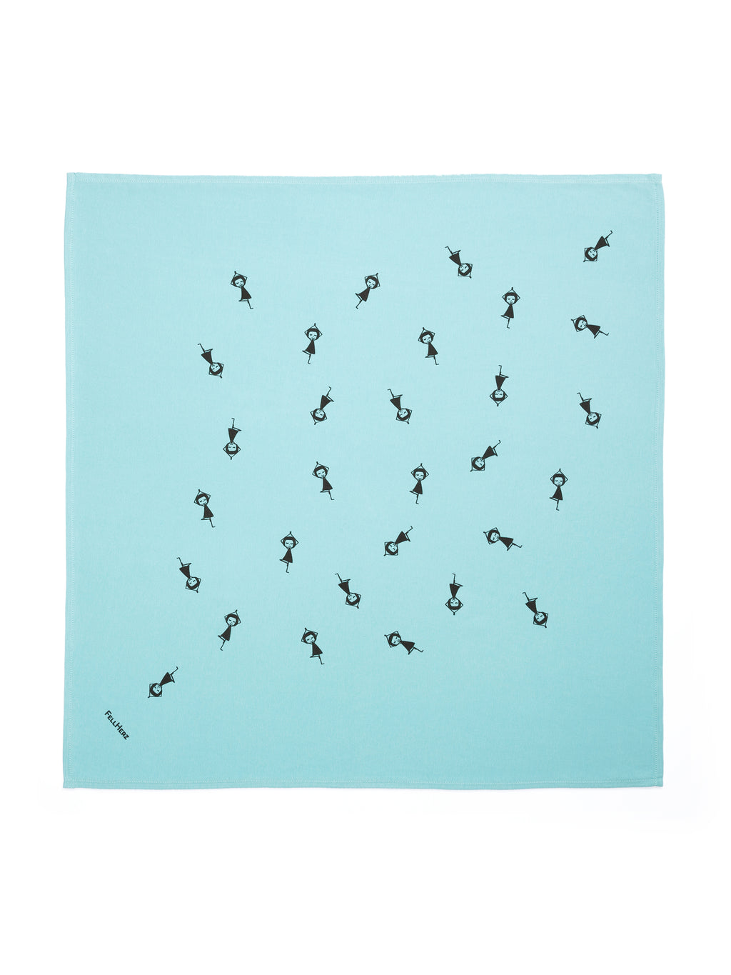 Quadratisches Furoshiki‑Tuch ‘Yogamädchen’ in zartem Neptun‑Mint, ca. 60×60 cm, aus 100 % GOTS‑zertifizierter Bio‑Baumwolle (Upcycling‑Reststoffe), mit vielen kleinen schwarzen Mädchen, die in Yogapose stehen – nachhaltige, faire Geschenk‑Verpackung & vielseitiges Alltagsaccessoire.