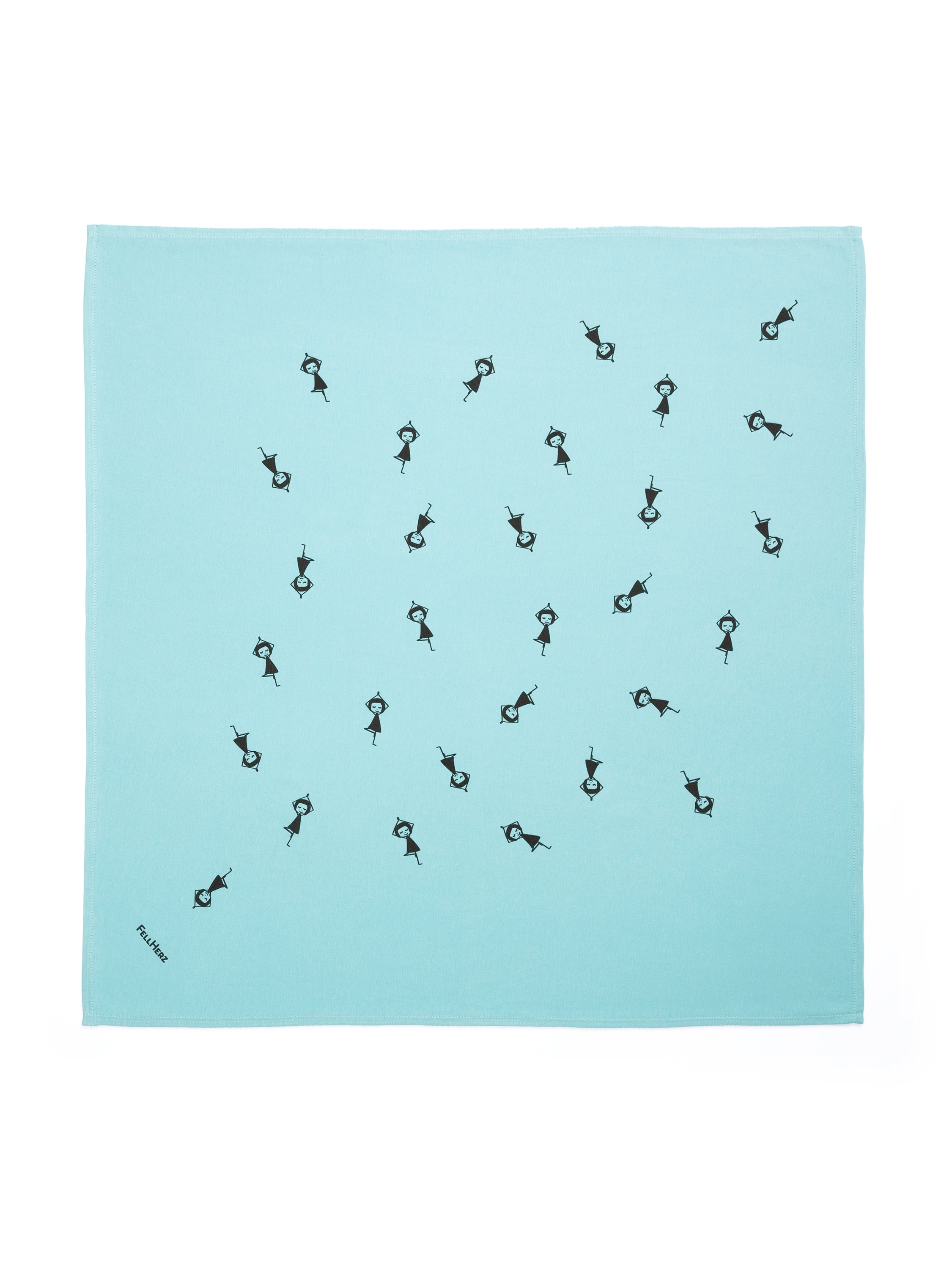 Quadratisches Furoshiki‑Tuch ‘Yogamädchen’ in zartem Neptun‑Mint, ca. 60×60 cm, aus 100 % GOTS‑zertifizierter Bio‑Baumwolle (Upcycling‑Reststoffe), mit vielen kleinen schwarzen Mädchen, die in Yogapose stehen – nachhaltige, faire Geschenk‑Verpackung & vielseitiges Alltagsaccessoire.