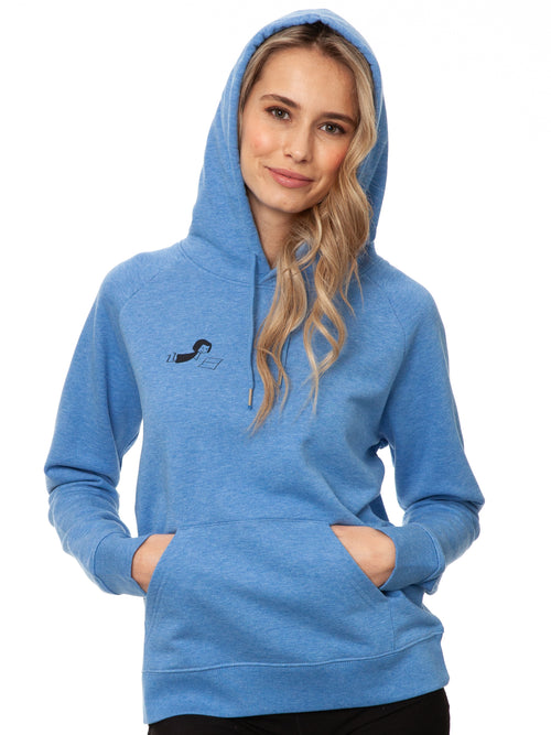 FellHerz Damen Hoodie Buchmädchen in Blue Melange aus 85% Bio-Baumwolle und 15% recyceltem Polyester, fair und vegan produziert – Raglan-Schnitt mit Kängurutasche und Digitaldruck: Mädchen mit einem Buch