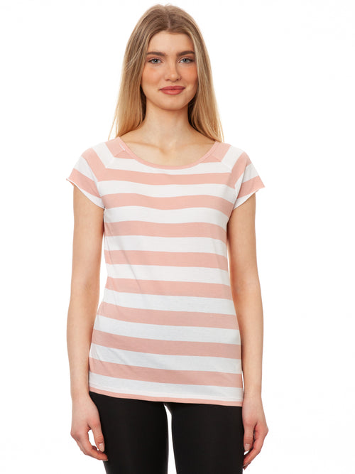 FellHerz Damen Cap Sleeve T-Shirt Block-gestreift (Raglan-Ärmel, tailliert) in Light Pink aus 100% Bio-Baumwolle, fair und vegan produziert – Hellrosa gestreift