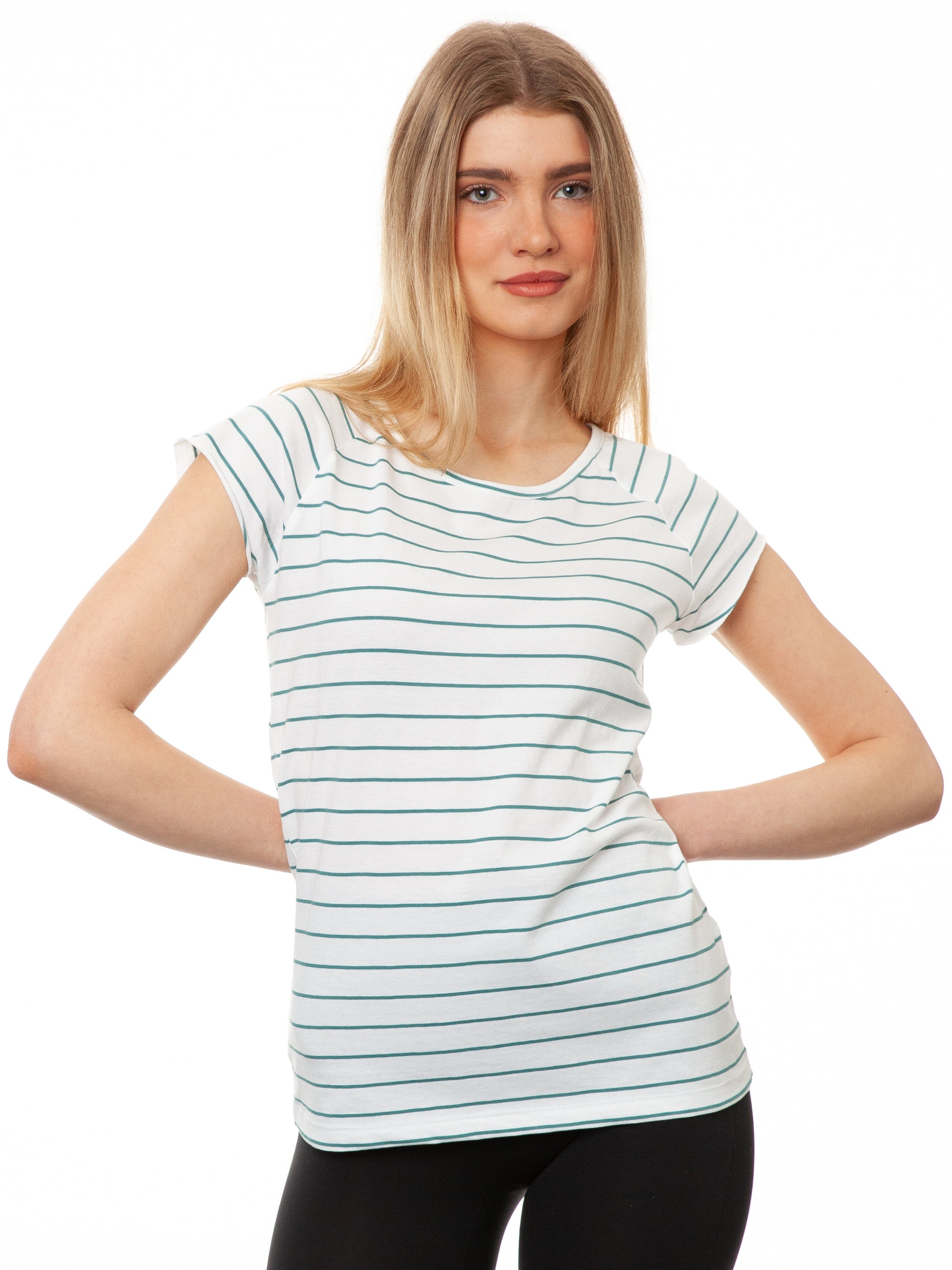 Cap Sleeve striped white teal