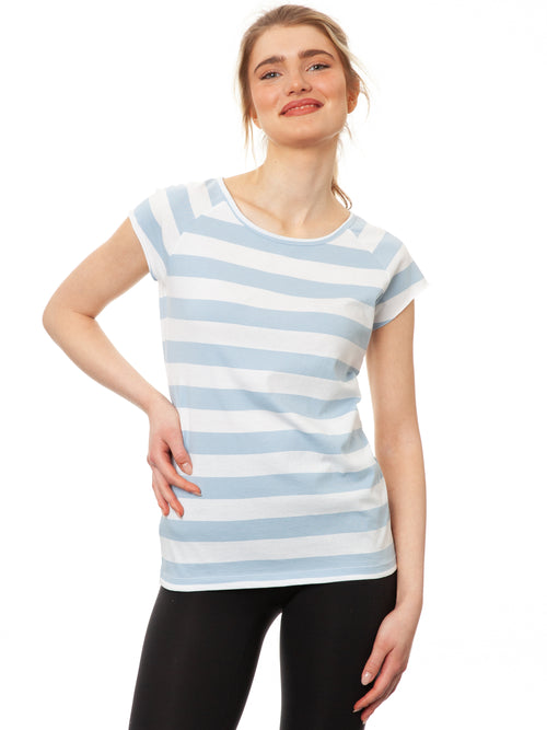 FellHerz Damen Cap Sleeve T-Shirt Block-gestreift (Raglan-Ärmel, tailliert) in Light Blue aus 100% Bio-Baumwolle, fair und vegan produziert – Hellblau gestreift