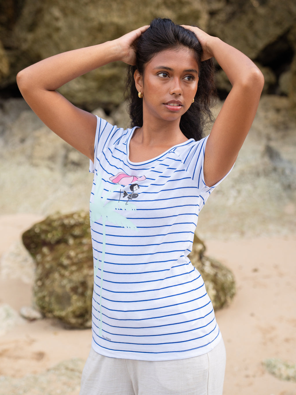 Palm Tree Cap Sleeve striped white blue