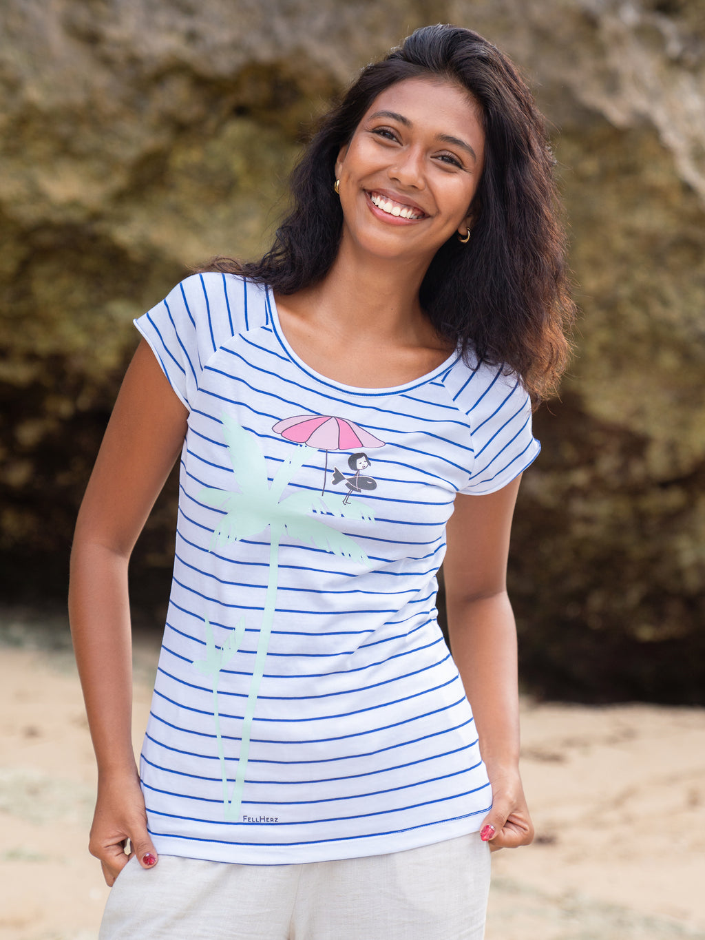 Palm Tree Cap Sleeve striped white blue