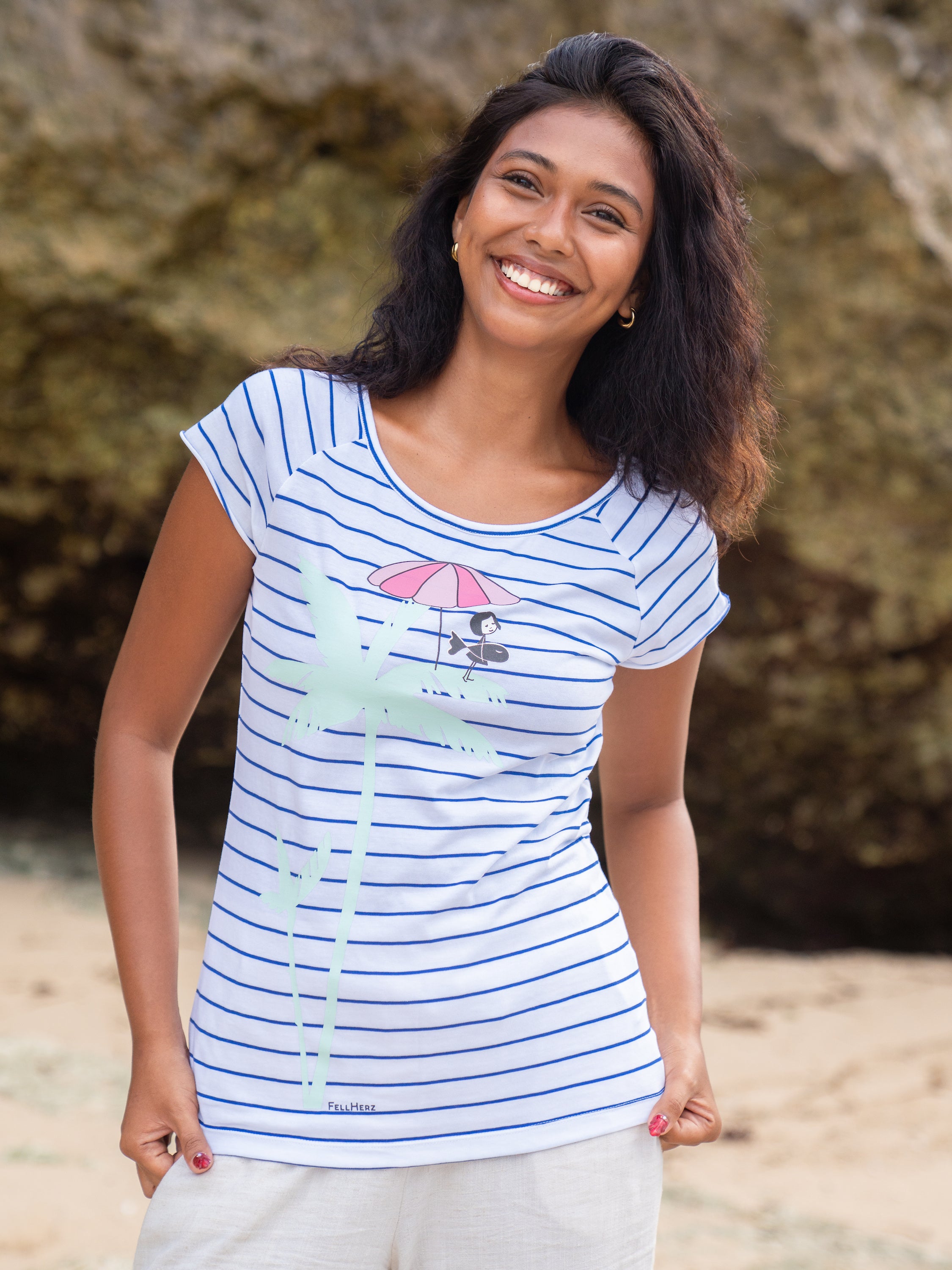 Palm Tree Cap Sleeve striped white blue