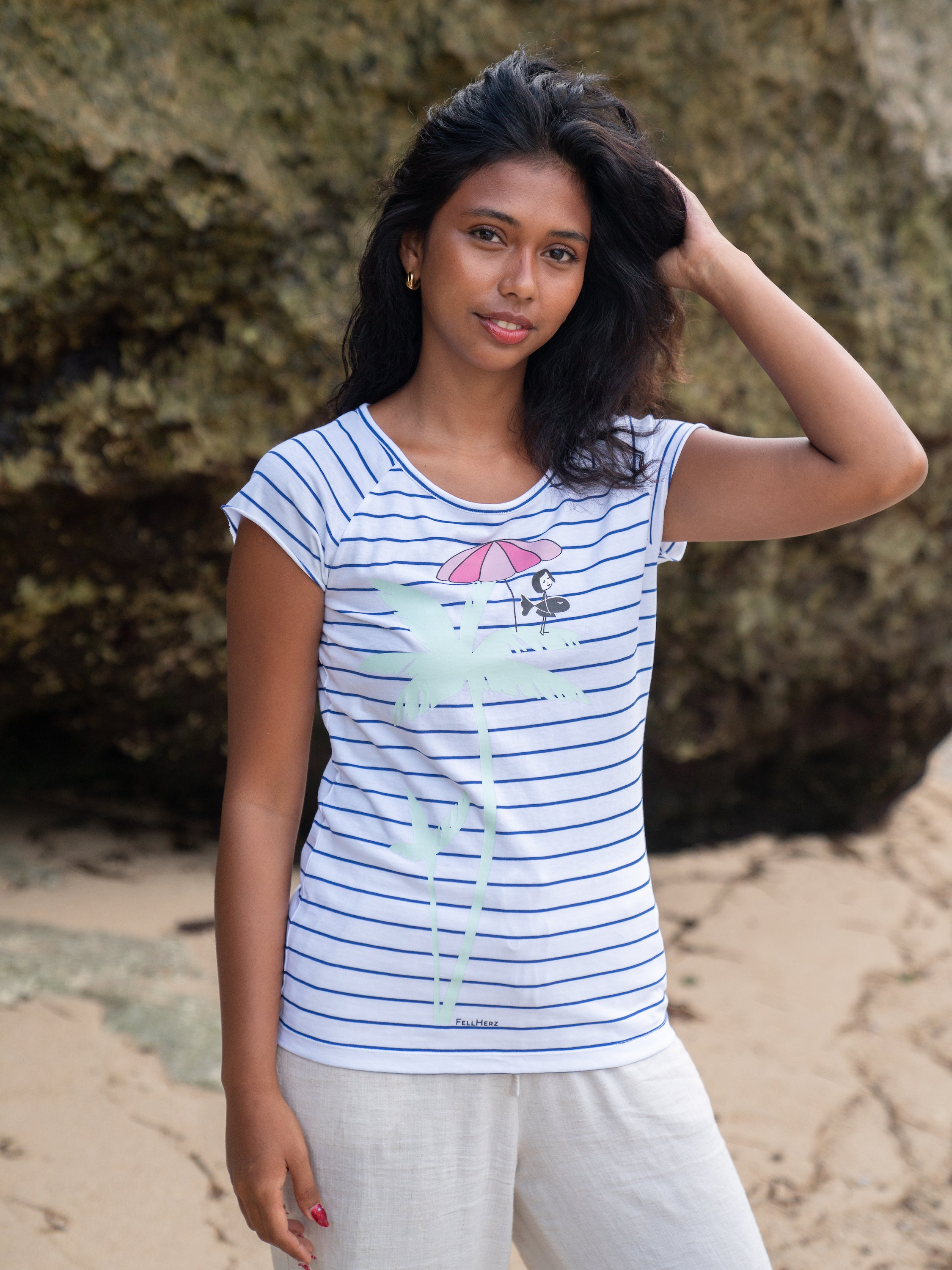 Palm Tree Cap Sleeve striped white blue