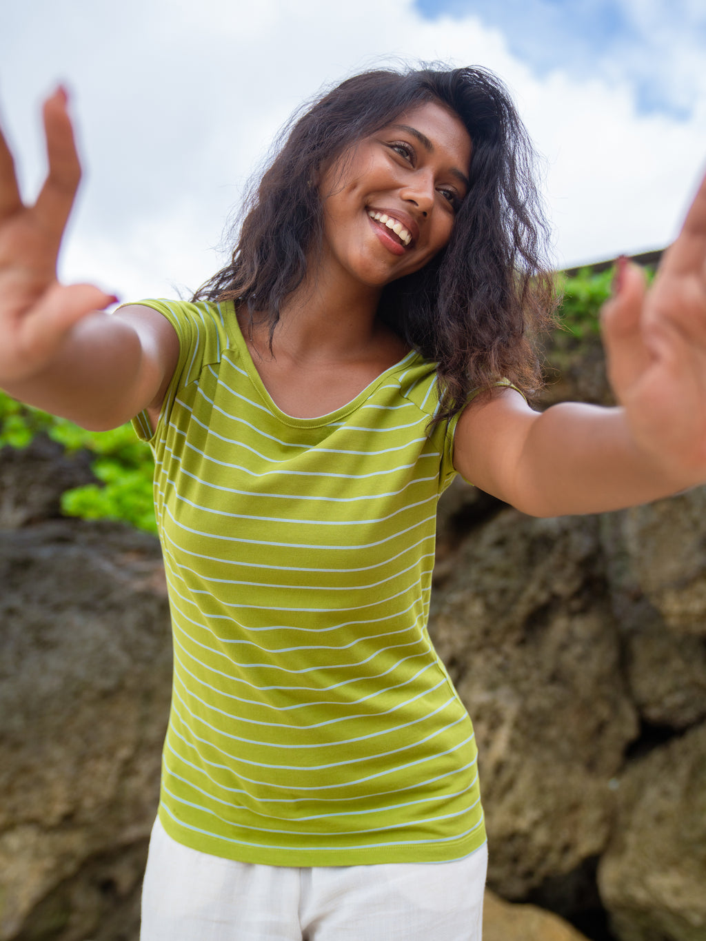 Cap Sleeve striped olive light blue