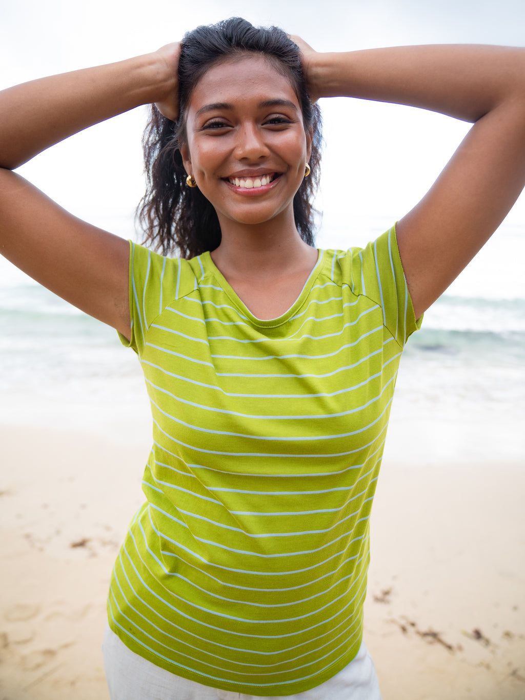 Cap Sleeve striped olive light blue