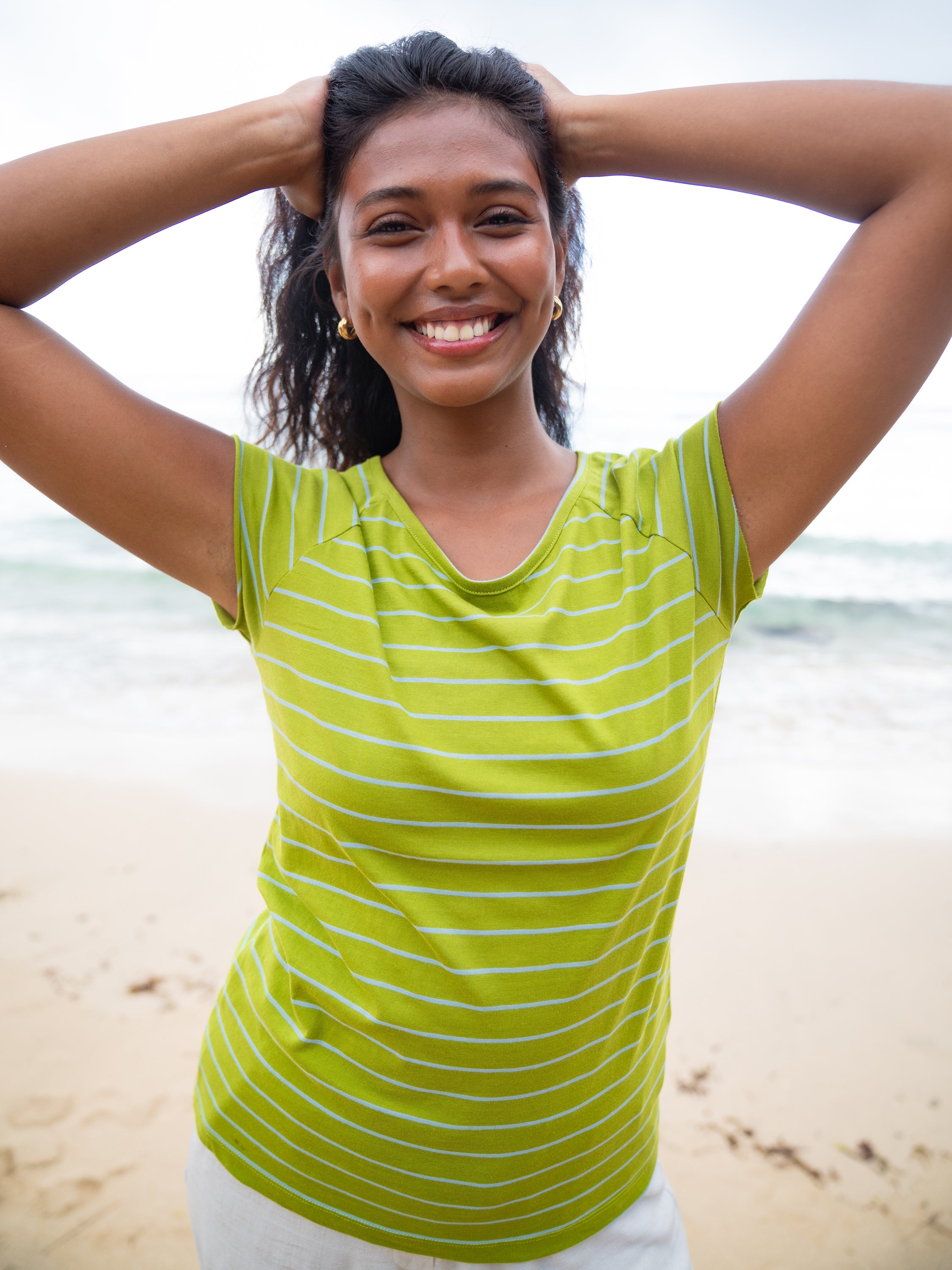 Cap Sleeve striped olive light blue