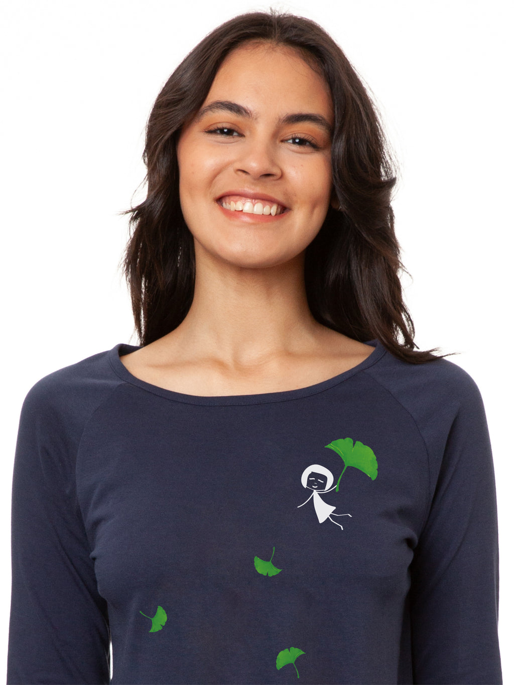 Detailansicht des FellHerz Raglan Longsleeves Gingko Girl in Moonlit (Dunkelblau), Vorderansicht