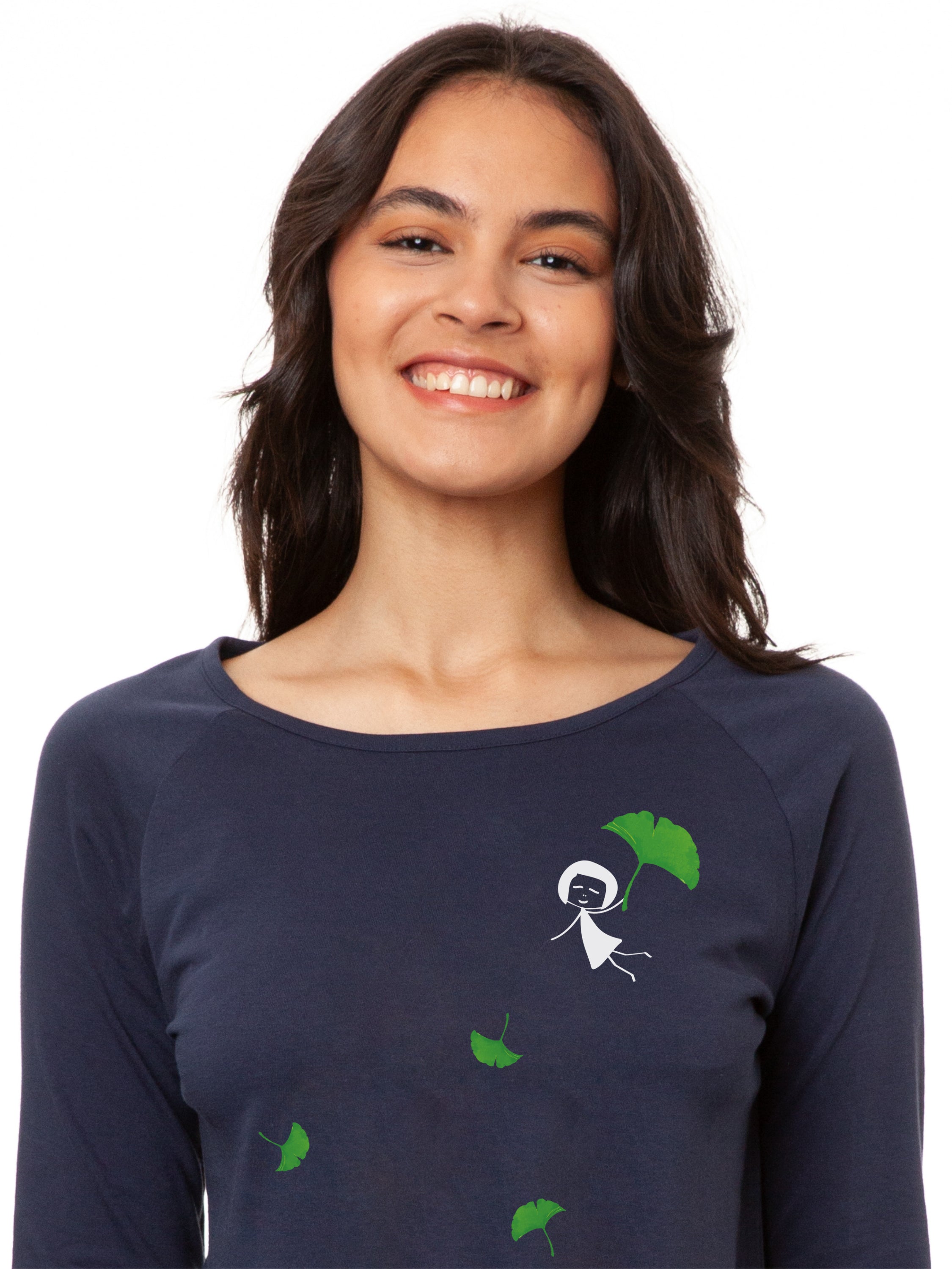 Detailansicht des FellHerz Raglan Longsleeves Gingko Girl in Moonlit (Dunkelblau), Vorderansicht