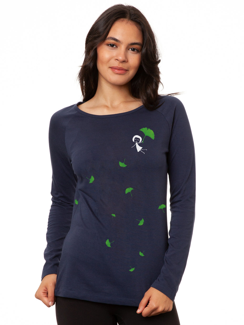 Gingko-Girl-Print auf dem dunkelblauen FellHerz Raglan Longsleeve