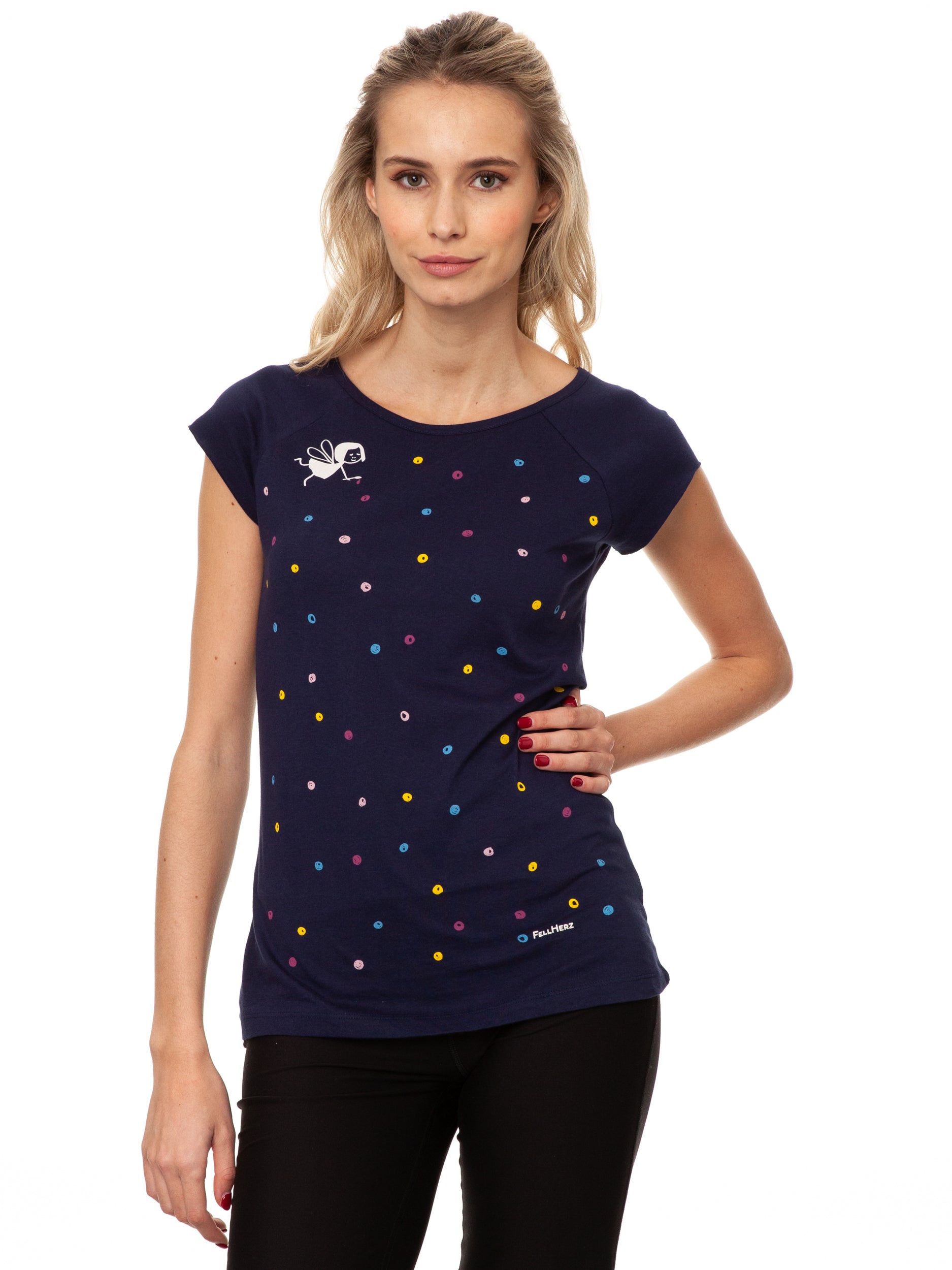FellHerz Damen T-shirt Konfettimädchen dunkelblau mit Raglan-Ärmeln bio, fair und vegan hergestellt. Blaues T-Shirt mit bunten Konfetti-Tupfen und einem kleinen geflügelten Mädchen auf der Vorderseite.
