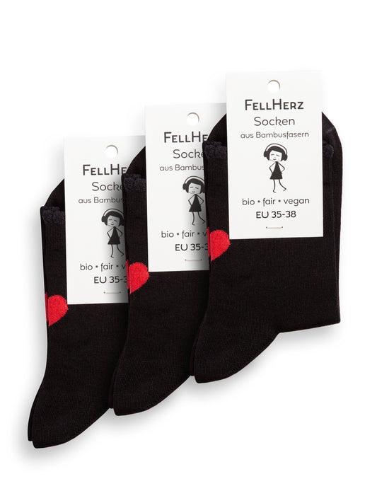 3er Pack Socken mit Viskose (aus Bambus-Cellulose) Herz schwarz