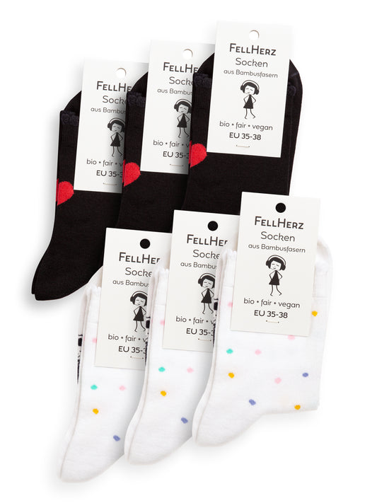 6er Pack Socken mit Viskose (aus Bambus) Mix Konfetti weiß und Herz schwarz