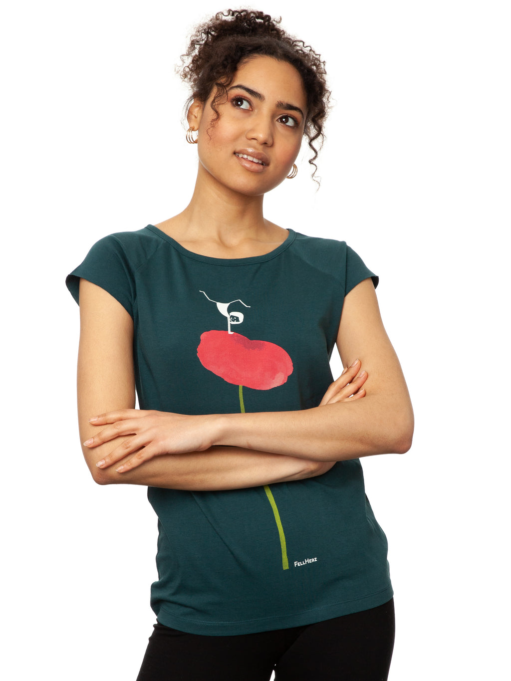 Damen Cap‑Sleeve T‑Shirt ‘Balance Girl’ in tiefem Deep Teal, aus 100 % weicher Bio‑Baumwolle (GOTS‑zertifiziert), mit modernem, leicht tailliertem Schnitt, weitem Rundhalsausschnitt und Print einer pinken Mohnblume, auf der ein kleines Mädchen einen Handstand macht – nachhaltig, fair produziert, ideal für Yoga, Achtsamkeit und entspannten Alltag