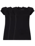 Set von 3 taillierten Damen Cap Sleeve T-Shirts in Schwarz, Bio-Baumwolle